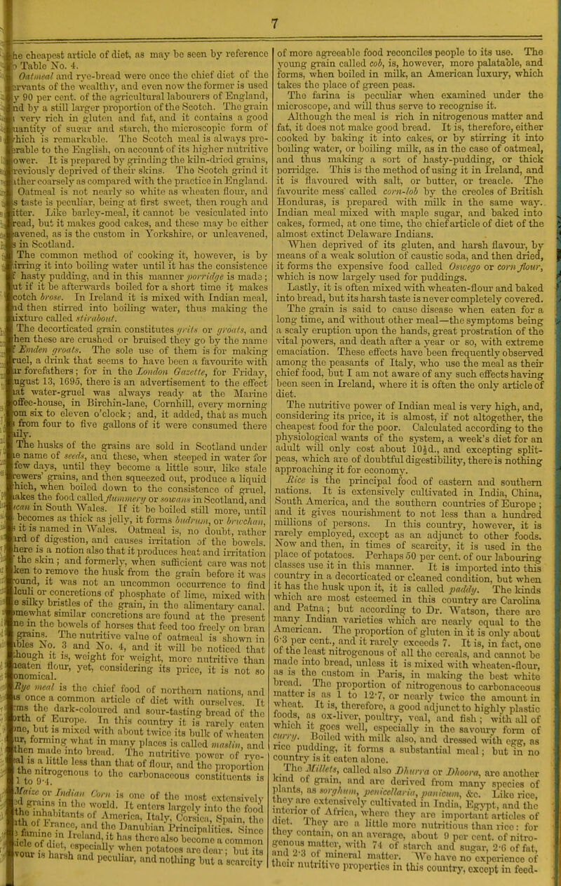 ie cheapest article of diet, as may be seen by reference Table No. 4. Oatmeal and rj-e-bread were once the chief diet of the jrvants of the wealthy, and even now the former is used y 90 per cent, of the ag-ricultural labourers of England, nd by a still larger proportion of the Scotch. The grain I very rich in gluton and fat, and it contains a good uantity of susrar and starch, the microscopic form of rhich is remarkable. The Scotch meal is always prc- jrable to the English, on account of its liighcr nutritive ower. It is prepared hy grinding the kiln-di'iod grains, reviously deprived of theii- skins. The Scotch grind it ither coarsely as compared with the practice in England. Oatmeal is not nearly so white as wheaten flour, and i taste is peculiar, being at first sweet, then rough and itter. Like barley-meal, it cannot bo vesiculated into read, but it makes good cakes, and these may be either avened, as is the custom in Yorkshire, or unleavened, 1 in Scotland. The common method of cooking it, however, is by irring it into boiling water until it has the consistence ' hasty pudding, and in this manner porridcje is made; ut if it be afterwards boiled for a short time it makes cotch brose. In Ireland it is mixed with Indian meal, ad then stin-ed into boiling water, thus making the lixtiu-o called stirabout. The decorticated grain constitutes i/riln or groats, and hen these are crushed or bruised they go by the name ' Emden gront.% The sole use of them is for making ruel, a drink that seems to have been a favomite with ir forefathers; for in the London Gazette, for Friday, ngust 13, 169.5, there is an advertisement to the effect lat water-gruel was always ready at the Marine offee-house, in Birchin-lane, Cornhill, every morning cm six to eleven o'clock; and, it added, that as much I from four to five gallons of it were consumed there *uly. 'he husks of the grains are sold in Scotland under le name of seed.'!, anrt these, when steeped in water for few days, until they become a little sour, like stale rewers' grains, and then squeezed out, produce a liquid hich, when boiled down to the consistence of gruel, akes the food cviWoAflummerg or sowaim in Scotland, and Kan in South Wales. If it be boiled still more, luitU becomes as thick as jelly, it forms bndriim, or brwchaii I ifc IS nanied in Wales. Oatmeal is, no doubt, rather ird of digestion, and causes iiTitation of the bowels, here is a notion also that it produces heat and irritation ^the skin; and formerly, when sufficient care was not ken to remove the husk from the grain before it was _ound, it was not an uncommon occuiTence to find Iculi or concretions of phosphate of lime, mixed with e silky bnstles of the grain, in the alimentaiy canal. »mewhat similar concretions are found at the present ne in the bowels of horses that food too freely on bran CTains. The nutritive value of oatmeal is shown in ibles No. p and No. 4, and it will be noticed that ;hough It IS, weight for weight, more nutritive than leaten tloiu-, yet, considering its price, it is not so onomical. Rye meal is tlio chief food of northern nations, and IS once a common article of diet with ourselves It ^ dark-coloured and sour-tasting bread of the )rth of Europe. In this country it is rarely oaten mo, but IS mixed with about twice its bulk of wheaton forming what in many places is caUcd masliu, and hen made mto bread. The nutritive power of ryc- fhe nitrll''^' ^^'J.^* °[ •'^'1 Pi-oportion the nitrogenous to the carbonaceous constituents is Make or Indim, Corn is one of the most extensively 3d gi-ains in the world. It enters largely into the food ?h of IWo^ America, Italy, cUca, Spain. tS ffn^Jnl - r°' 'i'^'^*^ Banubian Principalities. Since vour 18 harsh and peculiar, and nothing but a scarcity of more agi-eeable food reconciles people to its use. The young grain called cob, is, however, more palatable, and forms, when boiled in milk, an American luxury, which takes the place of green peas. The farina is peculiar when examined under the microscope, and will thus servo to recognise it. Although the meal is rich in nitrogenous matter and fat, it does not make good bread. It is, therefore, either cooked by baking it into cakes, or by stirring it into boiling water, or boiling milk, as in the case of oatmeal, and thus malring a sort of hasty-pudding, or thick ponidge. This is the method of using it in Ireland, and it is flavoured with salt, or butter, or treacle. The favourite mess' called corn-lob by the Creoles of British Honduras, is prepared with milk in the same way. Indian meal mixed with maple sugar, and baked into cakes, formed, at one time, the chief article of diet of the almost extinct Delaware Indians. When deprived of its gluten, and harsh flavoiu-, by means of a weak solution of caustic soda, and then dried, it forms the expensive food called Oswego or corn flour, which is now largely used for puddings. Lastly, it is often mixed -with wheaten-floui* and baked into bread, but its harsh taste is never completely covered. The_ grain is said to cause disease when eaten for a long time, and without other meal—the symptoms being a scaly eruption upon the hands, great prostration of the ■^-ital powers, and death after a year or so, with extreme emaciation. These effects have been frequently observed among the peasants of Italy, who use the meal as their chief food, but I am not aware of any such effects having been seen in Ireland, where it is often the only article of diet. The nutritive power of Indian meal is very high, and, considering its price, it is almost, if not altogether, the cheapest food for the poor. Calculated according to the physiological wants of the sj-stem, a week's diet for an adult will only cost about lOJd., and excepting split- peas, which are of doubtful digestibility, there is nothing approaching it for economy. Mice is the principal food of eastern and southern nations. It is extensively cultivated in India, China, South America, and the southern countries of Eui-ope ; and it gives nourishment to not less than a hundred millions of persons. In this countrj--, however, it is rarely employed, except as an adjunct to other foods. Now and then, in times of scarcity, it is used in the place of potatoes. Perhaps 50 per cent, of oui- labouring classes use it in this manner. It is imported into this country in a decorticated or cleaned condition, but when it has the husk upon it, it is called imddg. The kinds which are most esteemed in this country are Carolina and Patna ; but according to Dr. Watson, tliere are many_ Indian varieties which arc nearly equal to the American. The proportion of gluten in it is only about ^'^^ ^^'''^y '^'^cecds 7. It is, in fact, one ot the least nitrogenous of all the cereals, and cannot be made into bread, unless it is mixed with wheaten-flour, as IS the custom in Paris, in making the best white bread. _ The proportion of nitrogenous to carbonaceous matter IS as I to 127, or ncariy twice tlie amount in wncat. It IS, therefore, a good adjunct to highly plastic ioods as ox-livcr, poultry, veal, and fish ; with all of wHich it goes well, especially in the savoury form of currij. Boiled with milk also, and dressed with egg, as ncc pudding, it forms a substantial meal; but in no country is it eaten alone. The Millets, called also Bhurra or Ithoora, are another kind of grain, and arc derived from many species of plants, as sorghum, pcnicellaria, panicum, &c. Like rice, they are extensively cultivated in India. Eg3T,t, and the 'PK^ ^^^J important articles of met. I hey are a httle more nutritious than rice: for they contain, on an average, about 9 per cent, of nitro- genous matter, with 74 of starch and sugar, 2-G of fat, and 2-3 ot nunoral matter. Wo have no experience of their nutntivo properties in this country, except in feed-