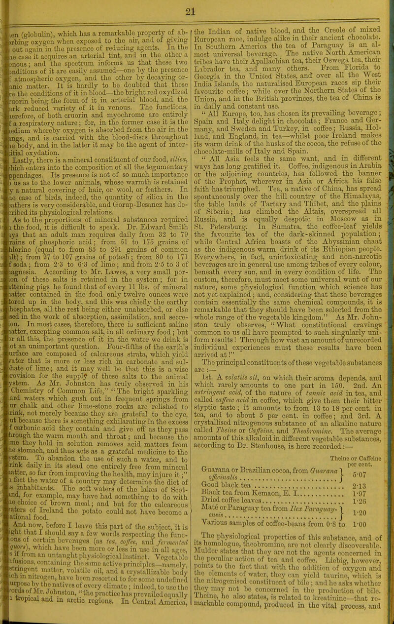 n (globulin), which has a romarkahlo property of fib- bing oxygen when exposed to the air, and of giving ait again'in the presence of reducing agents. In the ' cnso it acquires an arterial tint, and in the other a lous; and the spectrum informs us that these two juditions of it arc easily assumed—one hy the presence f atmospheric oxygen, and the other hy decajnng or- anic matter. It is hardly to ho doubted that these e the conditions of it in blood—the bright red oxydizcd ruorin being the form of it in arterial blood, and_ the ark reduced variety of it in venous. The functions, lerefore, of both cruorin and myochrome are entirely f a respiratory nature; for, in the former case it is the ledium whereby oxygen is absorbed from the air in the ings, and is carried with the blood-discs thi-oughout le body, and in the latter it may be the agent of inter- dtial oxydation. Lastly, there is a mineral constituent of our food, silica, 'hich enters into the composition of all the tegumentary ppendages. Its presence is not of so much importance ) us as to the lower animals, whose warmth is retaiued y a natural covering of hair, or wool, or feathers. In le case of birds, indeed, the quantity of siliea in the lathers is very considerable, and Gorup-Besanez has dc- cribed its physiological relations. As to the proportions of mineral substances required 1 the food, it is difficult to spe;ik. Dr. Edward Smith lys that an adult man requires daily from 32 to 79 rains of phosphoric acid; from 51 to 175 grains of hlorine (equal to from 85 to 291 grains of common .t); from 27 to 107 grains of potash; from 80 to 171 f soda ; from 2'3 to 6'3 of lime ; and fr-om 2-5 to 3 of lagnesia. According to Mr. Lawes, a very small por- on of these salts is retained in the system; for in ittening pigs he found that of every 11 lbs. of mineral latter contained in the food only twelve ounces were ;ored up in the body, and this was chiefly the earthy ihosphates, all the rest being either imabsorbed, or else sed in the work of absorption, assimilation, and secre- .on. In most cases, therefore, there iij sufiicient saline latter, excepting common salt, in all ordinary food ; but >r all this, the presence of it in the water we di-ink is ot an unimportant question. Four-fifths of the earth's urface are composed of calcareous strata, which yield rater that is more or less rich in carbonate and sul- ihate pf lime; and it may well be that this is a wise Tovision for the supply of these salts to the animal ystem. As Mr. Johnston has truly observed in his Chemistry of Common Life, The bright sparkling ard waters which gush out in frequent springs from ur chalk and other lime-stone rocks are relished to rink, not merely because they are grateful to the eye, ^ut because there is something exhilarating in the excess f carbonic acid they contain and give off as they pass hrough the warm mouth and throat; and because the me they hold in solution removes acid matters from !ie stomach, and thus acts as a grateful medicine to the pstem. To abandon the use of such a water, and to rmk daily in its stead one entirely free from mineral tmtter, so far from improving the health, may injure it; I fact the water of a country may determine the diet of ■a inhabitants. The soft waters of the lakes of Scot- und, for example, may liave had something to do with 10 choice of brown meal; and but for the calcareous 'atera of Ireland the potato could not have become a ational food. • ^ ''^^^'^ ^^^^ ^^^'^ °^ subject, it is ignt that I should say a few words respecting the func- .ons of certain beverages (as tea, coffee, and fermented quors), which have been more or less in use iii all ages, s It Irom an untaught phy.siological instinct. Vngotable ilUBions, containing the same active principles—name] v stnngont matter, volatile oil, and a crystallizablo body ch m nitrogen, have boon resorted to for some undefined ^n^f 7r T T^'J''^'''' ''^■y '^l™^^ ; ■■'^decd, to use the 'ords of Ur. Johnston,  the practice has prevailcdoqually I tropical and in ai-ctic regions. In Central America, the Indian of native blood, and the Creole of mixed European race, indulge alilje in their ancient chocolate. In Southern America tho tea of Paraguay is an al- most universal beverage. Tho native North Amencan tribes have their Apallachian tea, their Oswega tea, their L ibrador tea, and many others. From Florida to Georgia in tho UniCed States, and over all tho AVest India Islands, tho naturalised European races sip their favom-ite coffee; while over the Northern States of the Union, and in the British provinces, the tea of Chiaa is in daily and constant use.  All Europe, too, has chosen its prevaUing beverage; Spain and Italy delight in chocolate; France and Ger- many, and Sweden and Turkey, in coffee; Eussia, Hol- land, and England, in tea—whilst poor Ireland makes its warm drink of the husks of the cocoa, the refuse of the chocolate-miUs of Italy and Spain.  All Asia feels the same want, and in different ways has long gratified it. Coffee, indigenous in Arabia or the adjoining countries, has followed the banner of the Prophet, wherever in Asia or Africa his false faith has triumphed. Tea, a native of China, has spread spontaneously over the hiU country of the Himalayas, the table lands of Tartary and Thibet, and the plains of Siberia; has climbed the Altais, overspread all Russia, and is equally despotic in Moscow as in St. Petersburg. In Sumati-a, the coffee-leaf yields the favourite tea of the dark-skinned population; while Central Africa boasts of the Abyssinian chaat as the indigenous warm drink of its Ethiopian people. Everywhere, in fact, unintoxicating and non-narcotic beverages are in general use among tribes of every colour, beneath every sun, and in every condition of life. The custom, therefore, must meet some universal want of our nature, some physiological fimction which science has not yet explained ; and, considering that these beverages contain essentially the same chemical compounds, it is remarkable that they should have been selected from the whole range of the vegetable kingdom. As Mr. John- ston truly observes, What constitutional cravings common to us all have prompted to such singularly uni- form results! Through how vast an amount of unrecorded individual experiences must these results liave been arrived at! Tho principal constituents of these vegetable substances are:— 1st. A volatile oil, on which their aroma depends, and which rarely amounts to one part in 150. 2nd. An astringent acid, of the nature of tannic acid in tea, and called caffcic acid in coffee, which give them their bitter styptic taste ; it amounts to from 13 to 18 per cent, in tea, and to about 5 per cent, in coffee; and 3rd. A crystallised nitrogenous substance of an alkaline nature called Theiiic or Caffeine, and Theobromine. Tho averago amounts of this allcaloid in different vegetable substances, according to Dr. Stenliouse, is here recorded:— Thcino or CafTeino per cent. Guarana or Brazihan cocoa, from Guarana 1 - officinalis I Good black tea 2-13 Black tea from Kemaon, E. 1 1-97 Dried coffeo leaves 1-26 Jlate or Paraguay tea from Ilex FarafftMi/. \ , cnsis f '■'■^^ Various samples of coffee-beans from 0-8 to l-QO . The physiological properties of this substance, and of its homologuo, theobromine, are not clearly discoverable. Mulder states that they arc not tho agents concerned in the peculiar action of tea and coffee. Licbig, however, poinLs to tho fact that with tho addition of oxygen and the elemouts of water, they can yield tam-ino, which is l ie nitrogeniscd constituent of bile ; and ho asks whether thoy may not bo concerned in tho production of bile, ilioine, ho also states, is related to la-catinine—that re- markable compound, produced in tho -sital process, and