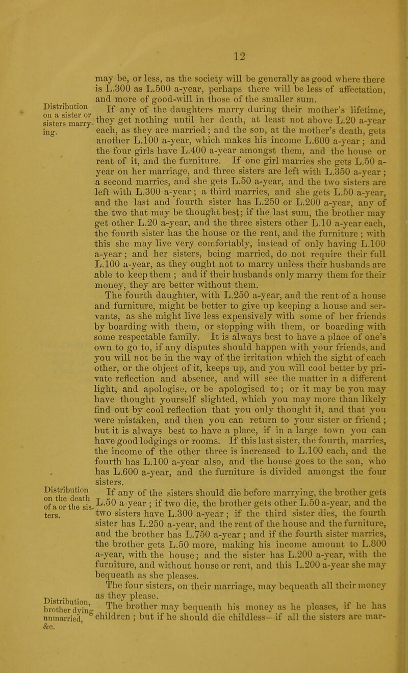 may be, or less, as the society will be generally as good where there is L.300 as L.500 a-year, perhaps there will be less of affectation, and more of good-will in those of the smaller sum. mraister or ^^-^ '^^ daughters marry during their mother's lifetime, sisters marry- ^^^3 S^^ nothing until her death, at least not above L.20 a-year ing. each, as they arc married; and the son, at the mother's death, gets another L.lOO a-year, which makes his income L.600 a-ycar ; and the four girls have L.400 a-year amongst them, and the house or rent of it, and the furniture. If one girl marries she gets L.50 a- year on her marriage, and three sisters are left with L.350 a-year; a second marries, and she gets L.50 a-year, and the two sisters are left Avith L.300 a-year ; a third marries, and she gets L.50 a-year, and the last and fourth sister has L.250 or L.200 a-year, any of the two that may be thought best; if the last sum, the brother may get other L.20 a-year, and the three sisters other L.IO a-year eacli, the fourth sister has the house or the rent, and the furniture ; with this she may live very comfortably, instead of only having L.lOO a-year; and her sisters, being married, do not require their full L.lOO a-year, as they ought not to marry unless their husbands are able to keep them ; and if their husbands only many them for their money, they are better without them. The fourth daughter, with L.250 a-year, and the rent of a house and furniture, might be better to give up keeping a house and ser- vants, as she might live less expensively with some of her friends by boarding with them, or stopping with them, or boarding with some respectable family. It is ahvays best to have a place of one's own to go to, if any disputes should hajipen with yoiu: friends, and you will not be in the way of the irritation which the sight of each other, or the object of it, keeps up, and you will cool better by pri- vate reflection and absence, and will see the matter in a different light, and apologise, or be apologised to; or it may be you may have thought yourself slighted, which you may more than likely find out by cool reflection that you only thought it, and that you were mistaken, and then you can return to your sister or friend ; but it is always best to have a place, if in a large town you can have good lodgings or rooms. If this last sister, the fourth, marries, the income of the other three is increased to L.lOO each, and the fourth has L.lOO a-year also, and the house goes to the son, who has L.600 a-year, and the furniture is divided amongst the four sisters. Distribution jf j^jjy q£ ^j^^ sisters should die before marrying, the brother gets ofa orthTlis-^-^^ a-year ; if two die, the brother gets other L.50 a-year, and the ters. t'^^o sisters have L.300 a-year ; if the third sister dies, the fourth sister has L.250 a-year, and the rent of the house and the furniture, and the brother has L.750 a-year ; and if the fourth sister marries, the brother gets L.50 more, malcing his income amount to L.800 a-year, with the house; and the sister has L.200 a-year, with the furniture, and without house or rent, and this L.200 a-ycar she may bequeath as she pleases. The four sisters, on their marriage, may bequeath all their money . as they please. brother^dyinff brother may bequeath his money as he jileases, if he has nnmarried, children ; but if he should die childless—if all the sisters are mar- Ac.