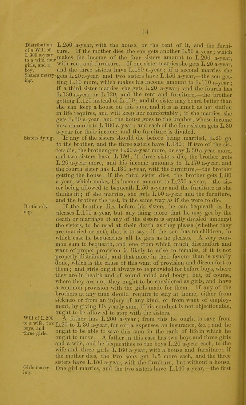 Distribution L.260 a-year, with the house, or the rent of it, and the furni- T^'fnn^' °^ ^^^ mother dies, the son gets another L.50 a-year ; which to £1 wrfJ'four™^^^*^^ income of tlie four sisters amount to L.200 a-year, girls, and a vfith rent and furniture. If one sister marries she gets L.20 a-year, boy. and the three sisters have L.180 a-ycar; if a second marries slie Sisters marry-gets L.20 a-ycar, and two sisters liave L.150 a-year,—the son get- ting L.IO more, whicli malces liis income amount to L.llO a-year ; if a third sister marries she gets L.20 a-year; and the fourth has L.130 a-ycar or L.120, and the rent and furniture,—the brother getting L.120 instead of L.llO; and the sister may board better than she can Iceep a house on this sum, and it is as mucli as her station in life requires, and will keep her comfortably; if she marries, she gets L.30 a-year, and the house goes to the brotlier, whose income now amounts to L.180 a-year; and each of the four sisters gets L.30 a-year for their income, and the furniture is divided. Sisters dying. If any of tlie sisters should die before being married, L.20 go to the brother, and the three sisters have L.180; if two of the sis- ters die, the brother gets L.20 a-year more, or say L.30 a-year more, and two sisters have L.150; if three sisters die, the brother gets L.20 a-year more, and his income amounts to L.170 a-year, and the fourth sister has L.130 a-year, with the furniture,—the brother getting the house ; if the third sister dies, the brother gets L.80 a-year, which makes his income amount to L.250 a-year,—the sis- ter being allowed to bequeath L.50 a-year and the furniture as slie thinks fit; if she marries, she gets L.50 a-year and the furniture, and the brother the rest, in the same way as if she were to die. Brother dy- If the brother dies before his sisters, he can bequeath as he pleases L.lOO a year, but any thing more that he may get by the death or marriage of any of the sisters is equally divided amongst the sisters, to be used at their death as thej^ please (whether they are married or not), that is to say; if the son has no children, in which case he bequeathes all he gets as he pleases. A very com- mon sum to bequeath, and one from which much discomfort and want of proper provision is likely to arise to females, if it is not properly distributed, and that more in their favour than is usually done, which is the cause of this want of provision and discomfort to them ; and girls ought always to be provided for before boys, where they are in health and of sound mind and body; but, of course, where they are not, they ought to bo considered as girls, and have a common provision with the girls made for them. If any of the brothers at any time should require to stay at home, either from sickness or from an injury of any kind, or from want of employ- ment, by giving his yearly sum, if his conduct is not objectionable, ought to be allowed to stop with the sisters. Will of L.200 A father has L.200 a-year ; from this he ought to save from boV^and ^ '^^ a-year, for extra expenses, an insurance, &c. ; and he three ghls. o^g^it to '^^Ic to save tliis sum in the rank of life in which he ought to move. A father in this case has two boys and three girls and a wife, and he bequeathes to the boys L.20 a-year each, to the wife and three girls L.IGO a-year, with a house and furniture; if the mother dies, the two sons get L.5 more each, and the three sisters have L.150 a-year, wth the furniture, but without a house. Girls marry- One girl marries, and the two sisters have L.1-10 a-vear,—the first ing.