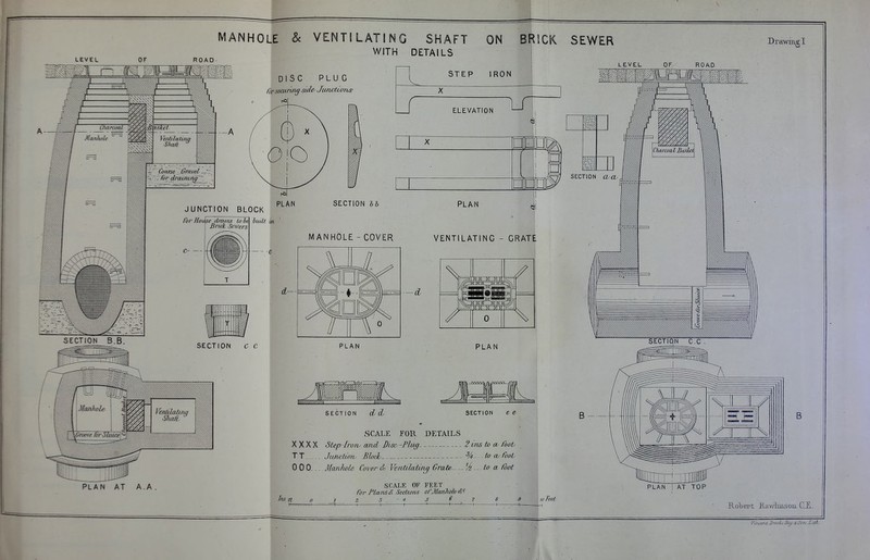 LEVEL ROAD MANHOLE & VENTILATIMG SHAFT ON BRICK SEWER WITH DETAILS ! Drawing I DISC PLUG Cor securing side- JtincUon^ STEP IRON ELEVATION SECTION Ih MANHOLE - COVER PLAN VENTILATING - GRATE PLAN PLAN SECTION d d. SECTION e e SCALE FOR DETAILS X X X X Step [rorv ami J)os& -Flag- 2 uis to co foot T T. JiOictiotv Bhch %--.to cv foot. 0 00..- ManlwU Cover &■ VervtilxiUivj Grate-. to a foot PLAN AT A.A SCAT J, OF FEET for Ploum& Seetwas ofjUan7u>h<&'^ iFee( LEVEL OF ROAD. /.',; -J SECTION (hcb B PLANT AT TOP Rolsert Rawimsoii. CJL.