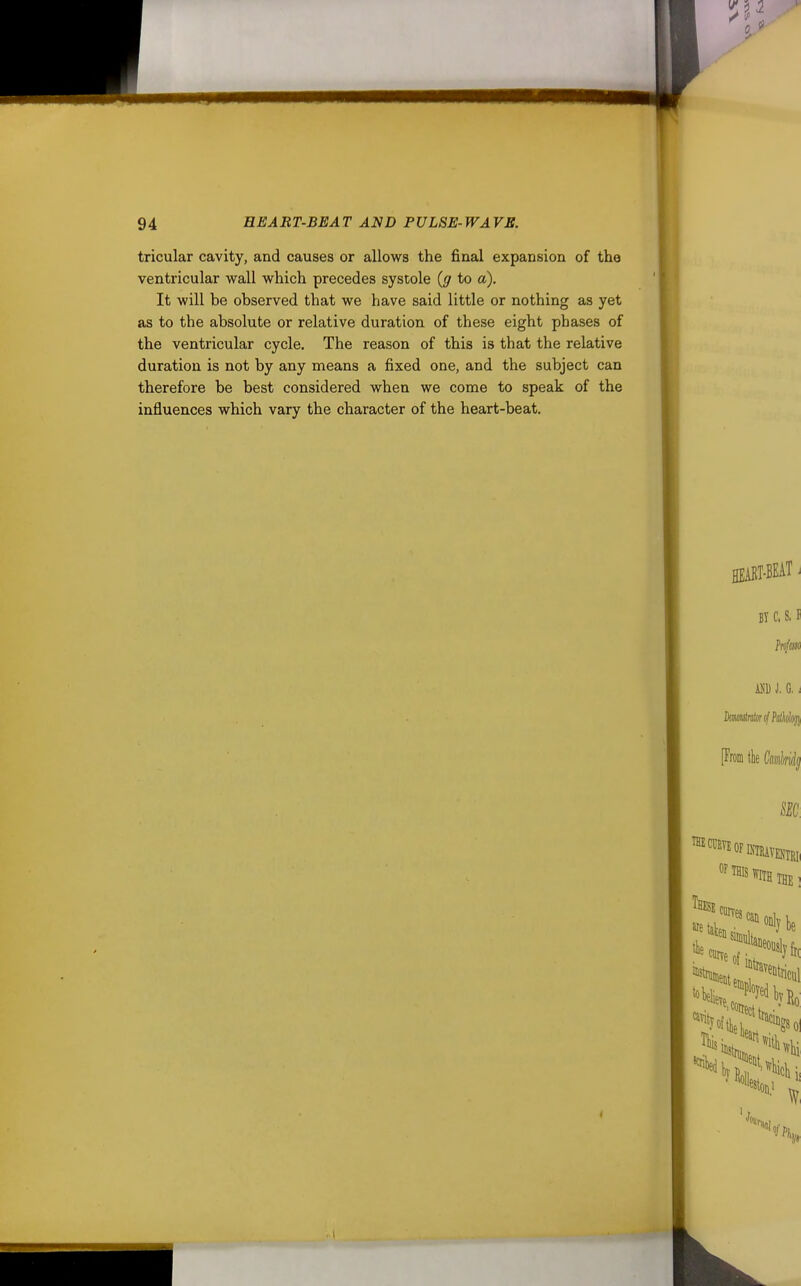 tricular cavity, and causes or allows the final expansion of the ventricular wall which precedes systole {g to a). It will be observed that we have said little or nothing as yet as to the absolute or relative duration of these eight phases of the ventricular cycle. The reason of this is that the relative duration is not by any means a fixed one, and the subject can therefore be best considered when we come to speak of the influences which vary the character of the heart-beat.