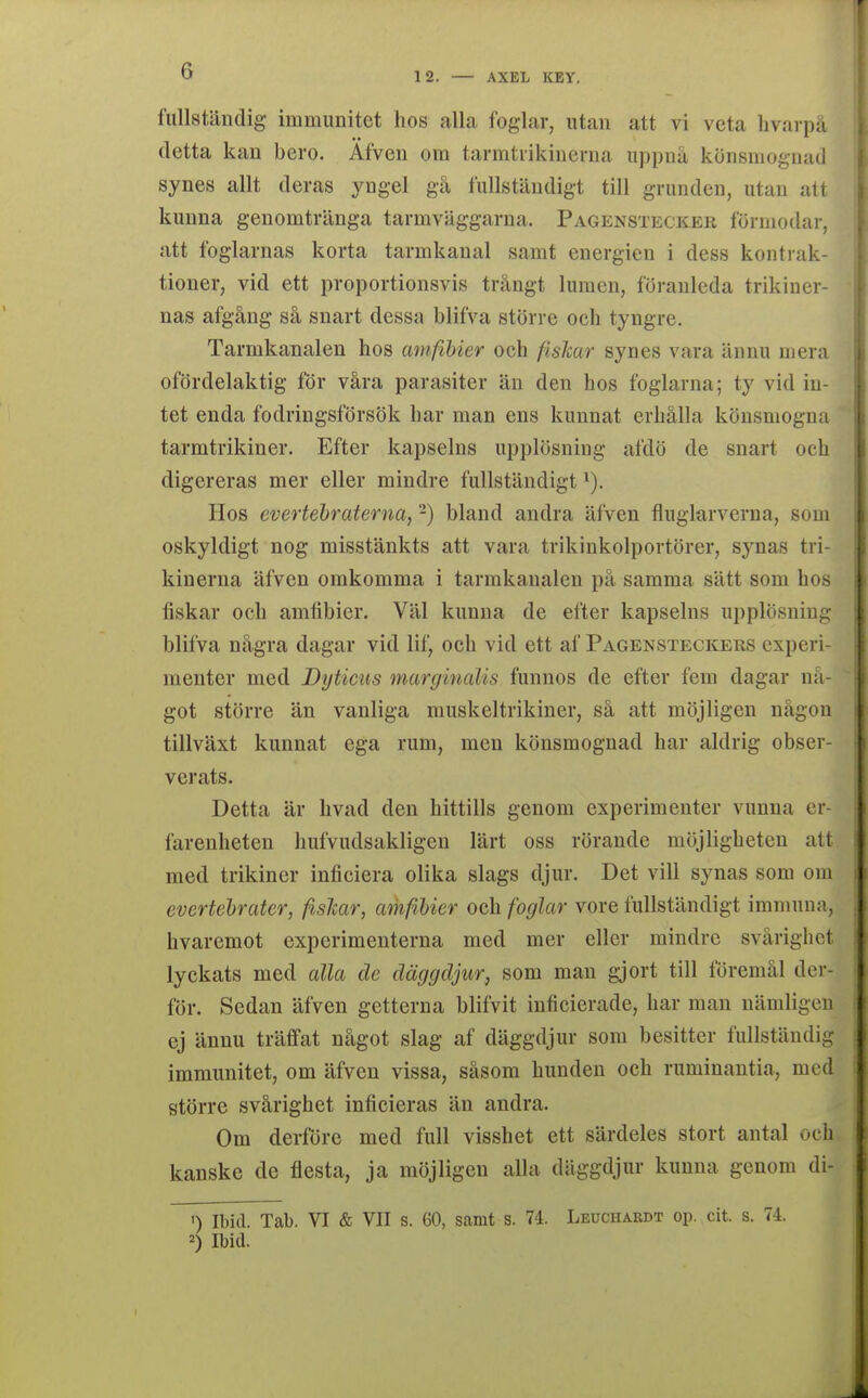 fullständig immunitet hos alla foglar, utan att vi veta livarpå detta kan bero. Afven om tarmtiikiuerna uppnå könsmognad synes allt deras yngel gå fullständigt till grunden, utan att kunna genomtränga tarmväggarna. Pagenstecker förmodar, att foglarnas korta tarmkanal samt energien i dess kontrak- tioner, vid ett proportionsvis trångt lumen, föranleda trikiner- nas afgång så snart dessa blifva större och tyngre. Tarmkanalen hos cmfihier och fislcar synes vara ännu mera ofördelaktig för våra parasiter än den hos foglarna; ty vid in- tet enda fodringsförsök har man ens kunnat erhålla könsmogna tarmtrikiner. Efter kapselns upplösning afdö de snart och digereras mer eller mindre fullständigt Hos evertehraterna, -) bland andra äfven fluglarverna, som oskyldigt nog misstänkts att vara trikinkolportörer, synas tri- kinerna äfven omkomma i tarmkanalen på samma sätt som hos fiskar och amfibier. Väl kunna de efter kapselns upplösning blifva några dagar vid lif, och vid ett af Pagensteckers experi- menter med Dyticus marginalis funnos de efter fem dagar nå- got större än vanliga muskeltrikiner, så att möjligen någon tillväxt kunnat ega rum, men könsmognad har aldrig obser- verats. Detta är hvad den hittills genom experimenter vunna er- farenheten hufvudsakligen lärt oss rörande m(3jligheten att med trikiner inficiera olika slags djur. Det vill synas som om evertehrater, fislcar, amfbier och foglar vore fullständigt immuna, h var emot experimenterna med mer eller mindre svårighet lyckats med alla de däggdjur, som man gjort till föremål der- för. Sedan äfven getterna blifvit inficierade, har man nämligen ej ännu träffat något slag af däggdjur som besitter fullständig immunitet, om äfven vissa, såsom hunden och ruminantia, med större svårighet inficieras än andra. Om derförc med full visshet ett särdeles stort antal och kanske de flesta, ja möjligen alla däggdjur kunna genom di- ') Ibid. Tab. VI & VII s. 60, samt s. 74. Leuchardt op. cit. s. 74. 2) Ibid.