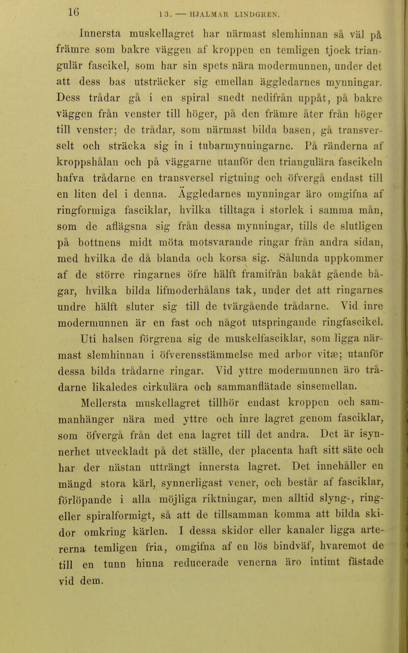 Innersta muskellagret har närmast slemhinnan så väl pä främre som bakre väggen af kroppen en temligen tjock trian- gulär fascikel, som har sin spets nära modermunnen, under det att dess bas utsträcker sig emellan äggledarnes mynningar. Dess trådar gå i en spiral snedt nedifrån uppåt, på bakre väggen från venster till höger, på den främre åter från höger till venster; de trådar, som närmast bilda basen, gå transver- selt och sträcka sig in i tubarmynningarne. På ränderna af kroppshålau och på väggarne utanför den triangulära fascikeln hafva trådarne en transversel rigtniug och öfvergå endast till en liten del i denna. Äggledarnes mynningar äro omgifna af ringformiga fasciklar, hvilka tilltaga i storlek i samma mån, som de aflägsna sig från dessa mynningar, tills de slutligen på bottnens midt möta motsvarande ringar från andra sidan, med hvilka de då blanda och korsa sig. Sålunda uppkommer af de större riugarnes öfre hälft framifrån bakåt gående bå- gar, hvilka bilda lifmoderhålans tak, under det att ringarnes undre hälft sluter sig till de tvärgående trådarne. Vid inre modermunnen är en fast och något utspringande ringfascikel. Uti halsen förgrena sig de muskelfasciklar, som ligga när- mast slemhinnan i öfverensstämmelse med arbor vitse; utanför dessa bilda trådarne ringar. Vid yttre modermunnen äro trå- darne likaledes cirkulära och sammanflätade sinsemellan. Mellersta muskellagret tillhör endast kroppen och sam- manhänger nära med yttre och inre lagret genom fasciklar, som öfvergå från det ena lagret till det andra. Det är isyn- nerhet utveckladt på det ställe, der placenta haft sitt säte och har der nästan utträngt innersta lagret. Det innehåller en mängd stora kärl, synnerligast vener, och består af fasciklar, förlöpande i alla möjliga riktningar, men alltid slyng-, ring- eller spiralformigt, så att de tillsamman komma att bilda ski- dor omkring kärlen. I dessa skidor eller kanaler ligga arte- rerna temligen fria, omgifna af en lös bindväf, hvaremot de till en tunn hinna reducerade venerna äro intimt fastade vid dem.