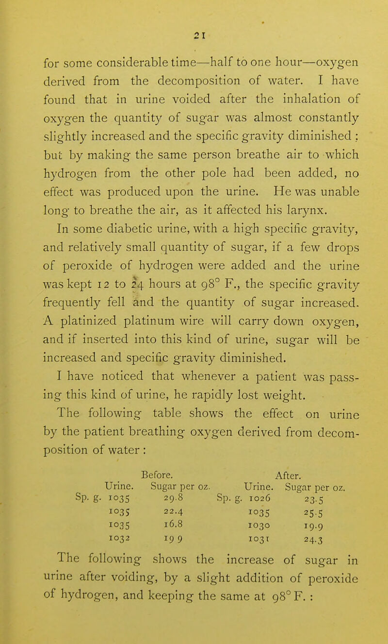 for some considerable time—half to one hour—oxygen derived from the decomposition of water. I have found that in urine voided after the inhalation of oxygen the quantity of sugar was almost constantly slightly increased and the specific gravity diminished ; but by making the same person breathe air to which hydrogen from the other pole had been added, no effect was produced upon the urine. He was unable long to breathe the air, as it affected his larynx. In some diabetic urine, with a high specific gravity, and relatively small quantity of sugar, if a few drops of peroxide of hydrogen were added and the urine was kept 12 to 24 hours at 98° F., the specific gravity frequently fell and the quantity of sugar increased. A platinized platinum wire will carry down oxygen, and if inserted into this kind of urine, sugar will be increased and specific gravity diminished. I have noticed that whenever a patient was pass- ing this kind of urine, he rapidly lost weight. The following table shows the effect on urine by the patient breathing oxygen derived from decom- position of water: Before. After, Urine, Sugar per oz. Urine. Sugar per oz. Sp- g- 1035 29.8 Sp. g. 1026 23.5 103s 22.4 1035 25.5 1035 16.8 1030 19.9 1032 199 103T 24.3 The following shows the increase of sugar in urine after voiding, by a slight addition of peroxide of hydrogen, and keeping the same at 98° F. :