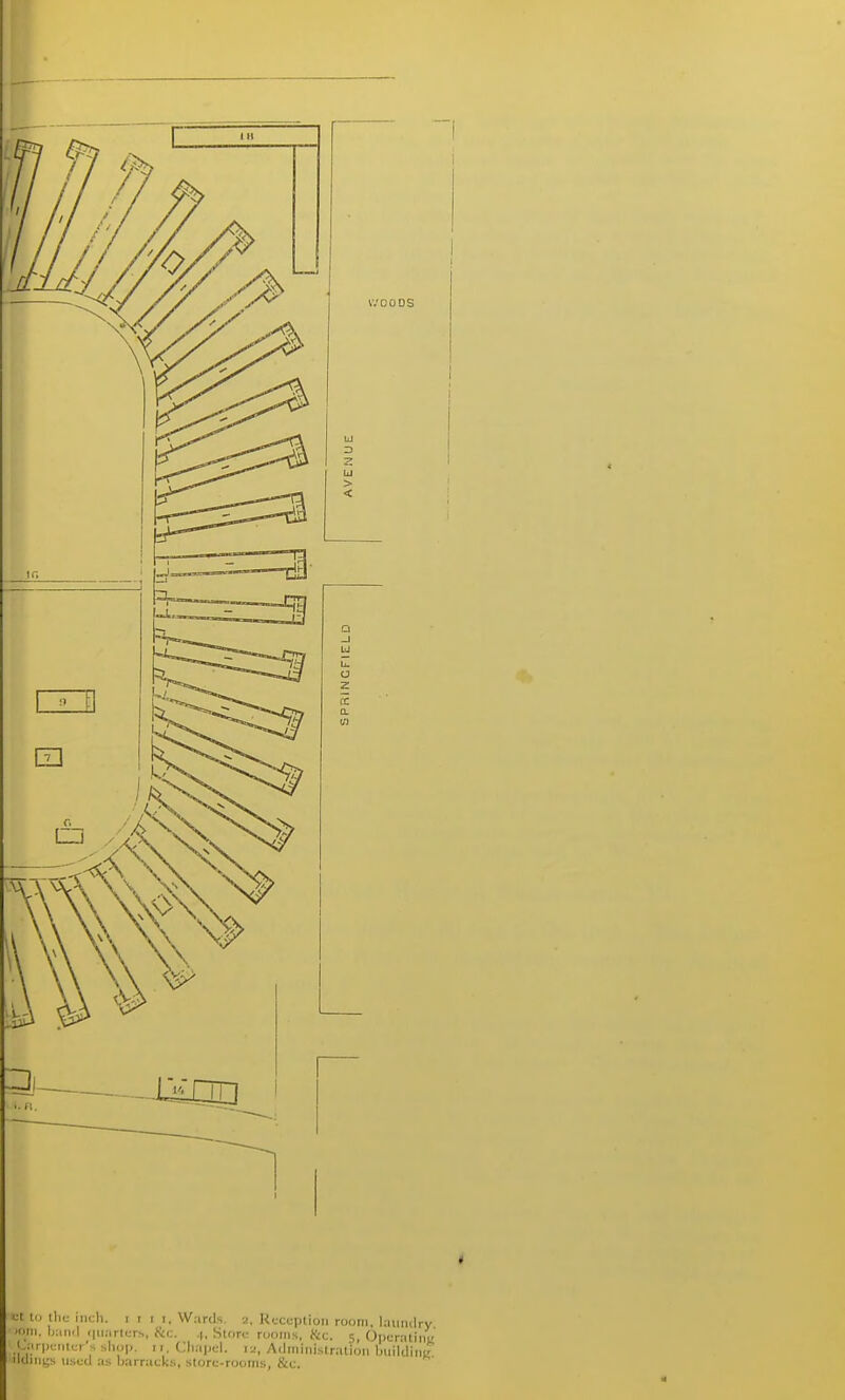 >:t lo till: inch, i i i i. Wards. 2, Reception room, laundry mi. band <|iiarH;rs, Stc. .(, Store- rooms, ike. 5, Operating j.arpcnter's shop. 11, Cliapd. Administration buildine ildings u.suU as barrack.s, store-rooms, &c.