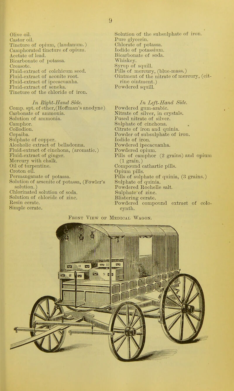 Olive oil. Cnstor oil. Tincturo of opium, (laudanum.) CnmpLorntod tincture of opium. Acetate of lead. Bicarbonate of potassa. Creasote. Fluid-extract of colchicum seed. Fluid-extract of aconite root. Fluid-extract of ipecacuanha. Fluid-extract of seueka. Tinctiu-e of the chloride of iron. In Right-IIand Side. ComiJ. s^Dt. of ether,(Hoffman'R anodyne) Carbonate of ammonia. Solution of ammonia. Caraijhor. Collodion. Copaiba. Sulphate of copper. Alcoholic extract of belladonna. Fluid-extract of cinchona, (aromatic.) Fluid-extract of ginger. Mercury with chalk. Oil of turpentine. Croton oil. Pei-manganate of potassa. Solution of arsenite of potassa, (Fowler's solution.) Chlorinated solution of soda. Solution of chloride of zinc. Resin cerate. Simple cerate. Solution of the subsnlphate of iron. Pui-o glycerin. Chlorate of potassa. Iodide of potassium. Bicarbonate of soda. Whiskey. Syrup of squill. PiUs of mercui-y, (blue-mass.) Ointment of the nitrate of mercury, (cit- rine ointment.) Powdered squill. In Left-Hand Side. Powdered gum-arabic. Nitrate of silver, in crystals. Fused nitrate of silver. Sulphate of cinchona. Citrate of iron and quinia. Powder of subsulphate of iron. Iodide of iron. Powdered ipecacuanha. Powdered opium. Pills of camphor (2 gi'ains) and opium (1 grain.) Compound cathartic pills. Opium pills. Pills of sulphate of quinia, (3 grains.) Suli^hate of qninia. Powdered Rochelle salt. Suli^hate of zinc. Blistering cerate. Powdered compound extract of colo- cynth.