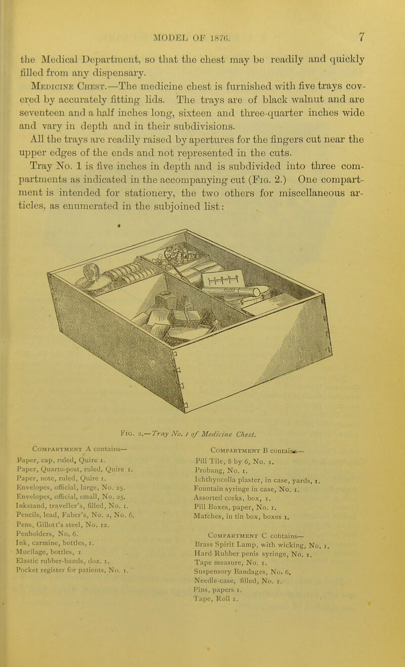 the Medical DeiDartraeiit, so that the chest may be readily and quickly filled from any dispensary. Medicine Chest.—The medicine chest is furnished with five trays cov- ered by accurately fitting lids. The trays are of black walnut and are seventeen and a half inches long, sixteen and thi'ee-quarter inches wide and vary in depth and in their subdivisions. All the trays are readily raised by apertures for the fingers cut near the upper edges of the ends and not represented in the cuts. Tray No. 1 is five inches in depth and is subdivided into three com- partments as indicated in the accompanying cut (Fig. 2.) One compart- ment is intended for stationery, the two others for miscellaneous ar- ticles, as enumerated in the subjoined list: Fig. 2.— Tray CoMPAUTMiiNT A Contains— Paper, cap, ruled, Quire i. Paper, Quarto-post, ruled, Quire i. Paficr, note, ruled. Quire i. ICnvelopcs, oflicial, large. No. 25. F.nvelopes, official, small, No. 25. Inkstand, traveller's, filled. No. i. Pencils, lead, Fabcr's, No. 2, No. 6. Pens, Gillott's steel, No. 12. Penholders, No. 6. Ink, carmine, bottles, i. Mucilage, bottles, i Klastic rubber-bands, do/., i. Pocket register for patients. No. i. ' No. I of Medicine Chest. Compartment 13 contains— Pill Tile, 8 by 6, No. i. Probang, No. \. Ichthyocolla plaster, in case, yards, i. Fountain syringe in case. No. 1. Assorted corks, box, i. Pill Boxes, paper. No. i. Matches, in tin box, boxes i. CoMi'AKTMKNT C colitains— Brass Spirit Lamp, with wicking, No. 1. Hard Kubbcr penis syringe. No. 1. Tape measure. No. i. Suspensory Bandages, No. 6. Nccdle-caso, filled. No. i. Pins, papers i. Ta])c, Roll I.