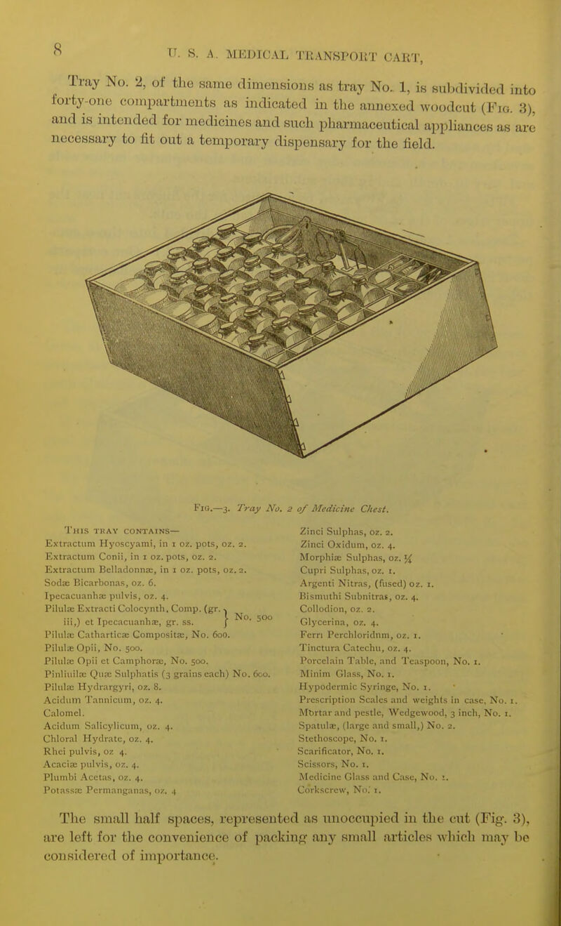 Tray No. 2, of the same dimensions as tray No. 1, is sul^divided into forty-one compartments as indicated in the annexed woodcut (Fig. 3), and is intended for medicines and such pharmaceutical appHances; necessary to fit out a temporary dispensary for the field. as are Fio.—3. Tray No. 2 of Medicine Chest. This tray contains— Extractiim Hyoscyami, in i oz. pots, oz. 2. Extractum Conii, in i oz. pots, 02. 2. Extractum Belladonnse, in i oz. pots, oz. 2. Sodae Bicarbonas, oz. 6. Ipecacuanha; piilvis, oz. 4. Pilula; Extracti Colocynth, Comp. (gr. iii,) et Ipecaciianhae, gr. ss. J °' Pilulx Catharticae Compositse, No. 600. PiliilsOpii, No. 500. Pihila; Opii ct Camphorae, No. 500. Pinliuila; Quae Siilphatis (3 grains each) No. 6co. Pihila; Hydrargyri, oz. 8. Acidum Tannicum, oz. 4. Calomel. Acidum Salicylicum, oz. 4. Chloral Hydrate, oz. 4. Rhci pulvis, oz 4. Acacia; pulvis, oz. 4. Plumbi .'Vcetas, oz. 4. Potassa; Permanganas, oz. 4 Zinci Sulphas, oz. 2. Zinci Oxidum, oz. 4. Morphia; Sulphas, oz. Cupri Sulphas, oz. i. Argenti Nitr.is, (fused) oz. i. Bi.smuthi Subnitras, oz. 4. Collodion, oz. 2. Glycerina, oz. 4. Fern Perchloridnm, oz. i. Tinctura Catechu, oz. 4. Porcelain Table, and Teaspoon, No. i. Minim Glass, No. 1. Hypodermic Syringe, No. 1. Prescription Scales and weights in case, No. 1. Mbrtar and pestle, Wedgewood, 3 inch. No. i. Spatulae, (large and small,) No. 2. Stethoscope, No. i. Scarificator, No. i. Scissors, No. i. Medicine Glass and Case, No. Corkscrew, No.' i. The small half spaces, represented as unoccupied in the cut (Fig. 3). are left for the convenience of packing any small articles which may bo considered of importance.