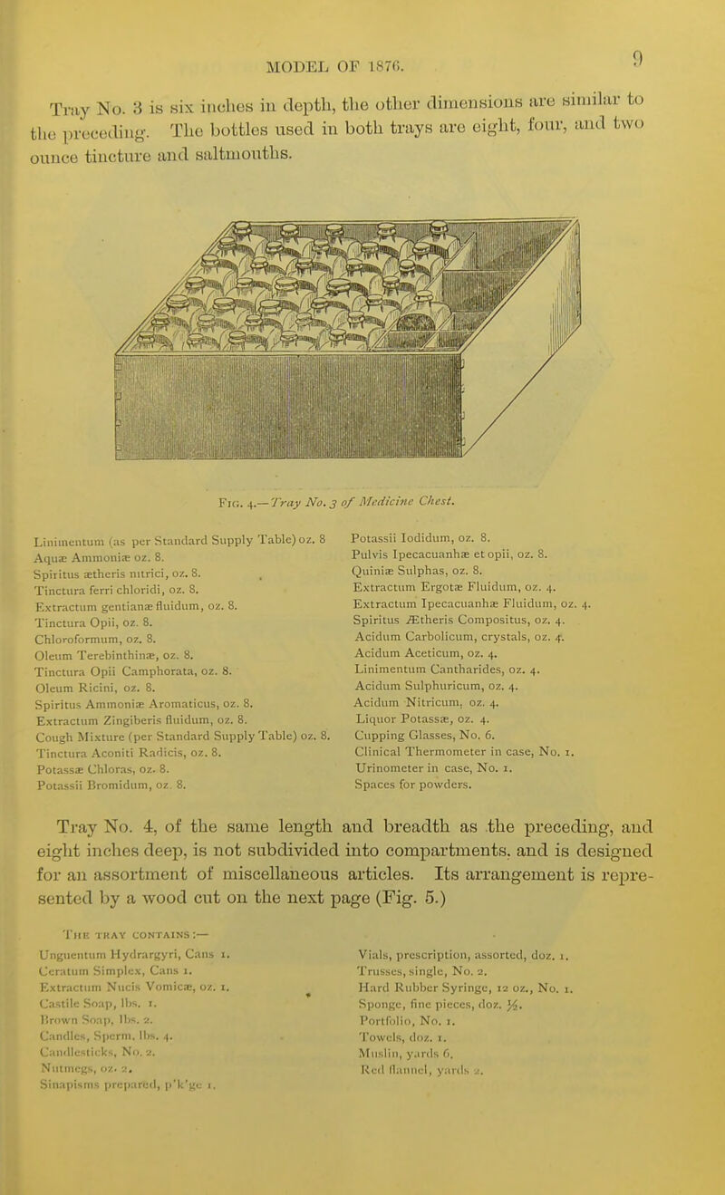 Ti-iiy No. 3 ib six inches in depth, the other dimensions are similar to the preceding-. The bottles used in both trays are eight, four, and two ounce tincture and saltmouths. Liiiiinentum (as per Standard Supply Table) oz. 8 Aqua; AmmonisE oz. 8. Spiritus Ktheris nilrici, oz. 8. Tinctura ferri chloridi, oz. 8. Extractum gentianiE fluidum, oz. 8. Tinctura Opii, oz. 8. Chloroformum, oz. 8. Oleum Terebinthins, oz. 8. Tinctura Opii Camphorata, oz. 8. Oleum Ricini, oz. 8. Spiritus Ammoniae Aromaticus, oz. 8. Extractum Zingiberis fluidum, oz. 8. Cough Mixture (per Standard Supply Table) oz. 8. Tinctura Aconiti Radicis, oz. 8. PotassiE Chloms, oz. 8. Potassii Bromidum, oz 8. Potassii lodidum, oz. 8. Pulvis Ipecacuanhs etopii, oz. 8. Quinis Sulphas, oz. 8. Extractum Ergotas Fluidum, oz. 4. Extractum Ipecacuanha Fluidum, oz. .\. Spiritus .flitheris Compositus, oz. 4. Acidum Carbolicum, crystals, oz. 4. Acidum Aceticum, oz. 4. Linimentum Cantliarides, oz. 4. Acidum Sulphuricum, oz. 4. Acidum Nitricum, oz. 4. Liquor Potassae, oz. 4. Cupping Glasses, No. 6. Clinical Thermometer in case. No. i. Urinometer in case. No. 1. Spaces for powders. Tray No. 4, of the same length and breadth as the preceding, and eight inches deep, is not subdivided into compartments, and is designed for an assortment of miscellaneous articles. Its arrangement is repre- sented by a wood cut on the next page (Fig. 5.) 'I'hk tkay contains:— UngucMttim Hydrargyri, Cans i. Ceratum Simplex, Cans i. Extractum Nucis Vomic<E, oz. i. Castile Soap, lbs. i. I'rown Snap, lbs. 2. Candles, Sperm, lbs. 4. Candlesticks, No. 2. Nutmegs, oz. 2, Sinapisms prepared, (I'k'ge i. Vials, prescription, assorted, doz. 1. Trusses, single, No. 2. Hard Rubber Syringe, 12 oz., No. i. Sponge, fine pieces, doz. Portfolio, No. I. Towels, doz. i. Muslin, y.irds fi. Red llauiiel, yarils 2.