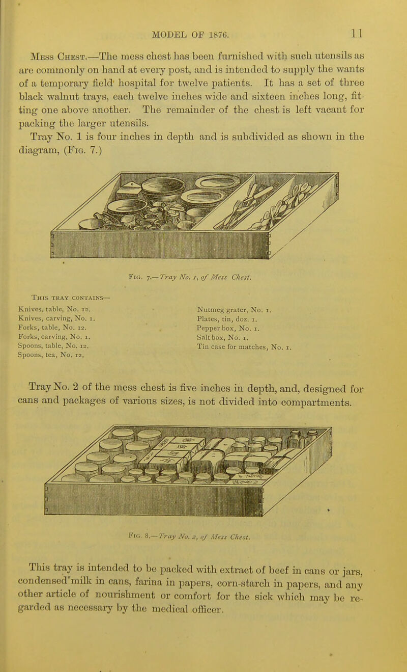 Mess Chest.—The mess chest has been furnished with such utensils as are commonly on hand at every post, .and is intended to supply the wants of a temporary field' hospital for twelve patients. It has a set of three black walnut trays, each twelve inches wide and sixteen inches long, fit- ting one above another. The remainder of the chest is left vacant for packing the larger utensils. Tray No. 1 is four inches in depth and is subdivided as shown in the diagram, (Fig. 7.) Fig. 7.— T7-ay No. /, of Mess Chest. This tkay contains- Kiiives. table, No. 12. Knives, carving, No. 1. Forks, table. No. 12. Forks, carving. No. 1. Spoons, table, No. 12. Spoons, tea. No. 12. Nutmeg grater, No. i. Plates, tin, doz. i. Pepper bo.\, No. i. Salt box, No. I. Tin case for matches, No. i. Tray No. 2 of the mess chest is five inches in depth, and, designed for cans and packages of various sizes, is not divided into compartments. Fui. 8.— Iray No. j, oj Mess Chest. This tray is intended to be packed with extract of beef in cans or jars, condensed'milk in cans, farina in papers, corn-starch in papers, and any other article of nourishment or comfort for the sick wliioli may be re- garded as necessaiy by the medical officer.