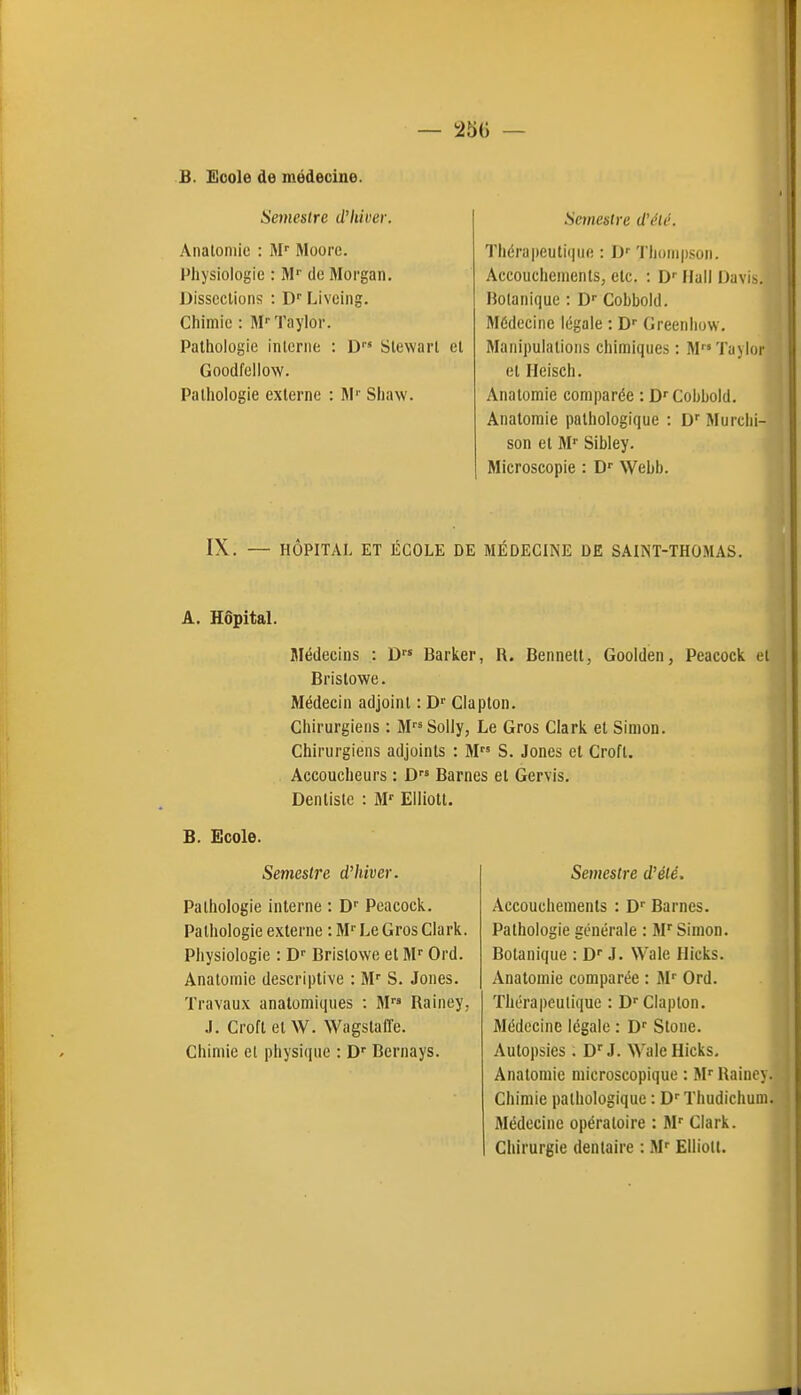 — 250 — B. Ecole de médecine. Semestre d'hiver. Anatoniic : M Moore. Physiologie : M de Morgan. Disseclioiis : D' Livcing. Chimie : M'Taylor. Pathologie interne : D Stewarl et Goodfellow. Pathologie externe : Jl'' Shaw. Semestre d'été. Th6ra|)eutii|iift : D' Thompson. Accouchements, etc. : D' Hall Davis. Botanique : D Cobbold. Médecine légale : D Greenhow. Manipulations chimiques : MTaylor et Hcisch. Anatomie comparée : D''Cobbold. Anatomie pathologique : D Murcbi- son et M' Sibley. Microscopie : D Webb. IX. — HÔPITAL ET ÉCOLE DE MÉDECINE DE SAINT-THOMAS. A. Hôpital. Médecins : D Barker, R. Bennett, Goolden, Peacock et Brislowe. Médecin adjoint : D' Glapton. Chirurgiens : MSoily, Le Gros Clark et Simon. Chirurgiens adjoints : M S. Jones et Crofl. Accoucheurs : D Barnes et Gervis, Dentiste : M' Elliott. B. Ecole. Semestre d'hiver. Pathologie interne : D Peacock. Pathologie externe : M- Le Gros Clark. Physiologie : D Bristowe et M' Ord. Anatomie descriptive : M'' S. Jones. Travaux anatomiques : M Rainey, J. Croft et W. Wagstaffe. Chimie cl physique : D' Bcrnays. Semestre d'été. Accouchements : D'' Barnes. Pathologie générale : M'' Simon. Botanique : D J. Wale Hicks. Anatomie comparée : M Ord. Thérapeutique : D'Claplon. Médecine légale : D'' Stone. Autopsies. D'J. Wale Hicks, Anatomie microscopique : M'' Rainey. Chimie pathologique : D'' Thudichum. Médecine opératoire : M' Clark. Chirurgie dentaire : M' Ellioll.