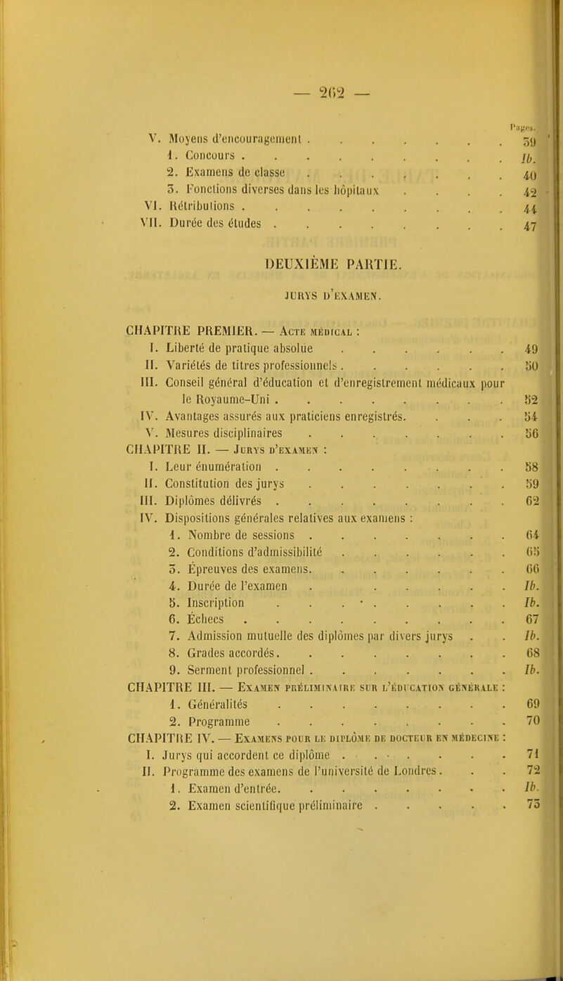 — 2(^2 — V. Moyens d'cncounigenieiit 1. Concours ;^ 2. Examens de classe 4,0 5. Fondions diverses dans les hôpitaux .... 42 VI. Hétribulions 41 VII. Durée dos études 47 DEUXIÈME PARTIE. JURYS d'eXAMIïN. CHAPITHE PREMIER. — Actk méuical : I. Liberté de pratique absolue ...... 40 II. Variétés de litres professionnels KO III. Conseil général d'éducation et d'enregistrement médicaux pour le Royaume-Uni S2 IV. Avantages assurés aux praticiens enregistrés. ... 54 V. Mesures disciplinaires iiG CHAPITRE II. — Jdrys d'examen : I. Leur énumération 58 II. Constitution des jurys 59 III. Diplômes délivrés 02 IV. Dispositions générales relatives aux examens : 1. Nombre de sessions (H 2. Conditions d'admissibilité (i'i 5. Épreuves des examens 06 4. Durée de l'examen . Ib. 5. Inscription . . . • Ib. 6. Échecs 67 7. Admission mutuelle des diplômes par divers jurys . . //'. 8. Grades accordés 68 9. Serment professionnel Ib. CHAPITRE m. — Examen préliminaire scr l'éducatio générale : d. Généralités 69 2. Programme 70 CHAPITRE IV. — Examens pour le diplôme de docteur en médecine : I. Jurys qui accordent ce diplôme . . ■ . . . .71 II. Programme des examens de l'université de Londres... 72 1. Examen d'entrée Ib. 2. Examen scienlilique préliminaire 75