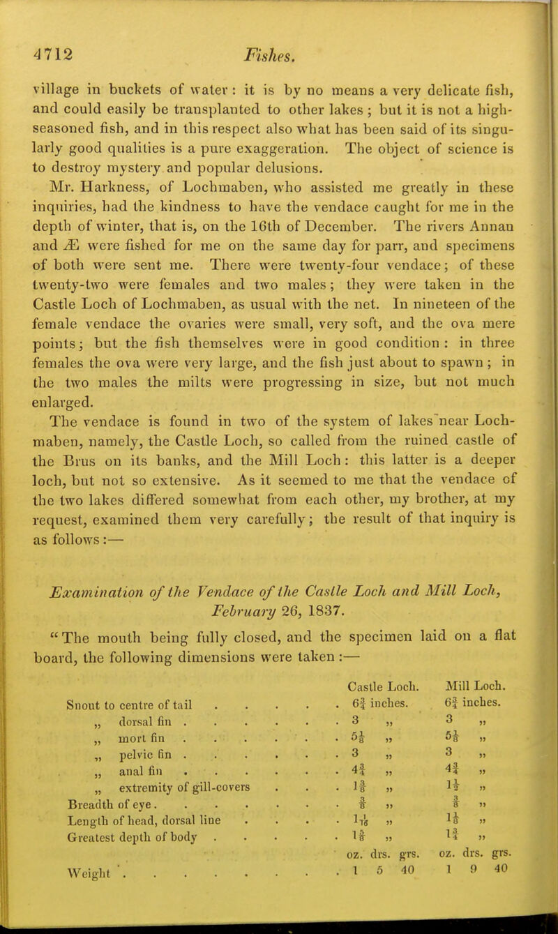 village in buckets of water : it is by no means a very delicate fish, and could easily be transplanted to other lakes ; but it is not a high- seasoned fish, and in this respect also what has been said of its singu- larly good qualities is a pure exaggeration. The object of science is to destroy mystery and popular delusions. Mr. Harkness, of Lochmaben, who assisted me greatly in these inquiries, had the kindness to have the vendace caught for me in the depth of winter, that is, on the 16th of December, The rivers Annan and M were fished for me on the same day for parr, and specimens of both were sent me. There were twenty-four vendace; of these twenty-two were females and two males; they were taken in the Castle Loch of Lochmaben, as usual with the net. In nineteen of the female vendace the ovaries were small, very soft, and the ova mere points; but the fish themselves were in good condition: in three females the ova were very large, and the fish just about to spawn ; in the two males the milts were progressing in size, but not much enlarged. The vendace is found in two of the system of lakes'near Loch- maben, namely, the Castle Loch, so called from the ruined castle of the Brus on its banks, and the Mill Loch : this latter is a deeper loch, but not so extensive. As it seemed to me that the vendace of the two lakes differed somewhat from each other, my brother, at my request, examined them very carefully; the result of that inquiry is as follows:— Examination of the Vendace of the Castle Loch atid Mill Loch, February 26, 1837.  The mouth being fully closed, and the specimen laid on a flat board, the following dimensions were taken :— Snout to centre of tail dorsal fin . morl fin . . . pelvic fin . anal fin . . extremity of gill-covers Breadth of eye.... Length of head, dorsal line Greatest depth of body . Weight Castle Loch. Mill Loch. . 6f inches. Qi inches. . 3 „ 3 » 8 » 6^ n . 3 „ 3 . 4i „ » ^8 » H n 3 3 8 » M 1 1 )> J> tff )> U )J OZ. drs. grs. oz. drs. grs 1 5 40 1 9 40