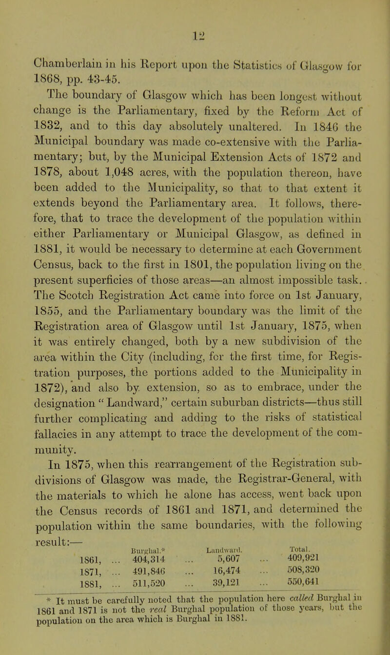 Chcamberlaiu in his Keport iipou the Statistics of Glasgow for 1868, pp. 48-45. The boundary of Glasgow which has been longest without change is the Parliamentary, fixed by the Reform Act of 1832, and to this day absolutely unaltered. In 1846 the Municipal boundary was made co-extensive with the Parlia- mentary; but, by the Municipal Extension Acts of 1872 and 1878, about 1,048 acres, with the population thereon, have been added to the Municipality, so that to that extent it extends beyond the Parliamentary area. It follows, there- fore, that to trace the development of the population within either Parliamentary or Municipal Glasgow, as defined in 1881, it would be necessary to determine at each Government Census, back to the first in 1801, the population living on the present superficies of those areas—an almost impossible task. The Scotch Registration Act came into force on 1st January, 1855, and the Parliamentary boundary was the limit of the Registration area of Glasgow until 1st January, 1875, when it was entirely changed, both by a new subdivision of the area within the City (including, for the first time, for Regis- tration purposes, the portions added to the Municipality in 1872), and also by. extension, so as to embrace, under the designation  Landward, certain suburban districts—thus still further complicating and adding to the risks of statistical fallacies in any attempt to trace the development of the com- munity. In 1875, when this rearrangement of the Registration sub- divisions of Glasgow was made, the Registrar-General, with the materials to which he alone has access, went back upon the Census records of 1861 and 1871, and determined the population within the same boundaries, with the following result:— Bui'Klial.* Liindward. Total. 1861, ... 404,314 ... 5,607 ... 409,921 1871, ... 491,84G ... 16,474 ... 508,320 1881, ... 511,520 ... 39,121 550,641 *Tt must be carefully noted that the population here called Burgbal in 1861 and 1871 is not the real Burghal population of those years, but tlie population on the area which is Burghal in 1881.