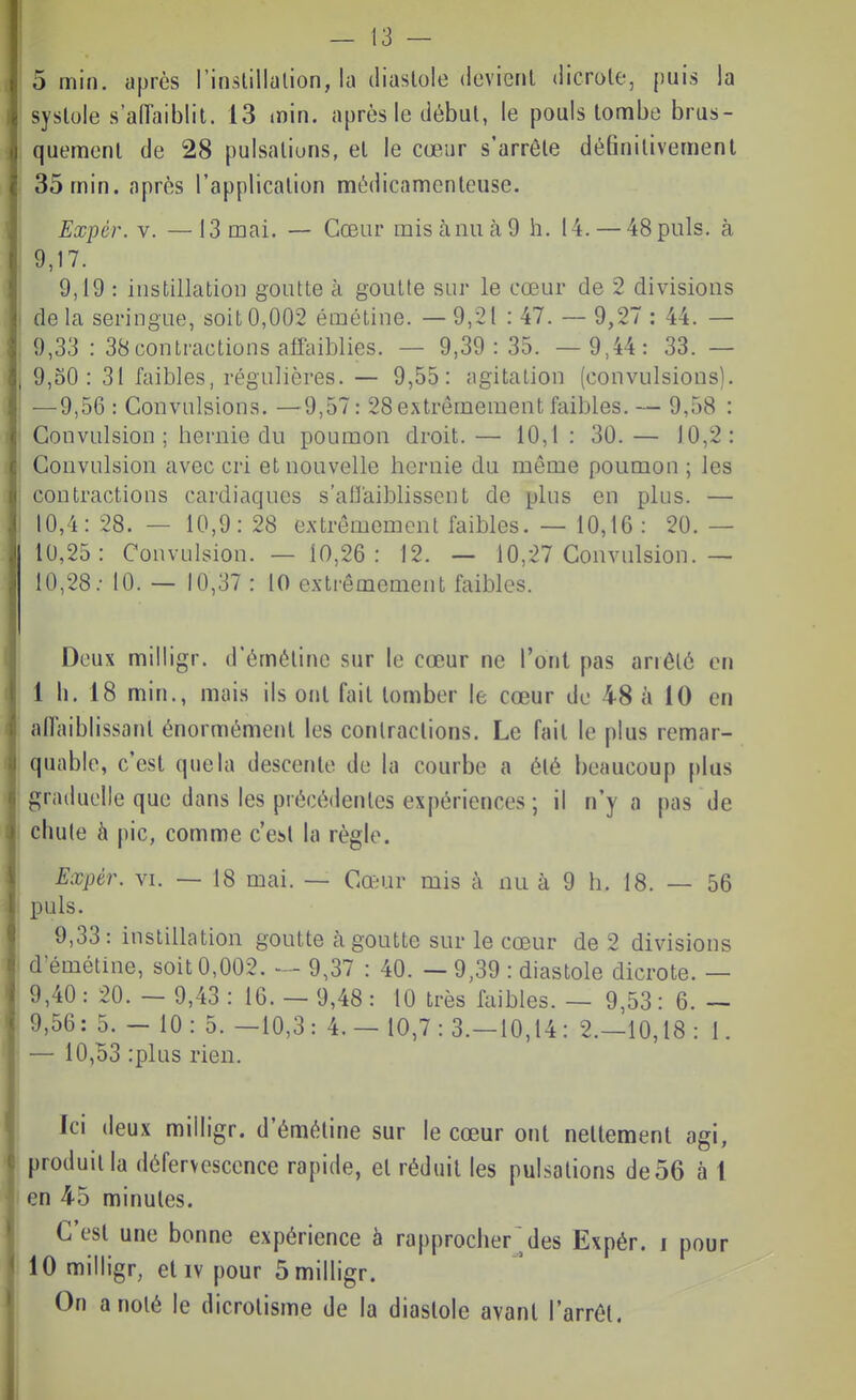 5 min. après l'inslillalion, la iliasloItMlevienl dicrole, puis la systole s'aiïaiblit. 13 min. après le début, le pouls lonabe brus- quement de 28 pulsations, et le cœur s'arrête définitivement 35 min. après l'application médicamenteuse. Expér. V. —13 mai. — Cœur misànuàO h. 14. — 48puis, à 9,17. 9,19 : instillation goutte à goutte sur le cœur de 2 divisions I delà seringue, soit0,002 émétine. — 9,21 : 47. — 9,27 : 44. — , 9,33 : 38contractions affaiblies. — 9,39: 35. — 9,44: 33. — , 9,50: 31 faibles, régulières. — 9,55: agitation (convulsions). I —9,56 : Convulsions. —9,57: 28 extrêmement faibles. — 9,58 : I Convulsion; hernie du poumon droit. — 10,1 : 30. — 10,2: Convulsion avec cri et nouvelle hernie du même poumon ; les contractions cardiaques s'aflaiblissent de plus en plus. — 10,4: 28. — 10,9: 28 extrêmement faibles. — 10,16 : 20. — 10,25: Convulsion. — 10,26: 12. — 10,27 Convulsion.— 10,28.- 10. — 10,37 : 10 extrêmement faibles. Deux milligr. d'émétine sur le cœur ne l'ont pas arrêté en 1 h. 18 min., mais ils ont fait tomber le cœur de 48 à 10 en alFaiblissanl énormément les conlraclions. Le fait le plus remar- quable, c'est que la descente de la courbe a été beaucoup plus graduelle que dans les précédentes expériences ; il n'y a pas de chute à pic, comme c'eM la règle. Expér. VI. — 18 mai. — Cœur mis à nu à 9 h. 18. — 56 puis. 9,33: instillation goutte à goutte sur le cœur de 2 divisions d'émétine, soit 0,002. — 9,37 : 40. — 9,39 : diastole dicrote. — 9,40 : 20. — 9,43 : 16. — 9,48 : 10 très faibles. — 9,53: 6. ~ 9,56: 5.-10: 5. —10,3: 4.-10,7:3.-10,14: 2.-10,18: 1. — 10,53 :plus rien. Ici deux milligr. d'émétine sur le cœur ont nettement agi, produit la défervesccnce rapide, et réduit les pulsations de 56 à l en 45 minutes. C'est une bonne expérience à rapprocher des Expér. i pour 10 milligr, et iv pour 5 milligr. On a noté le dicrotisme de la diastole avant l'arrêt.