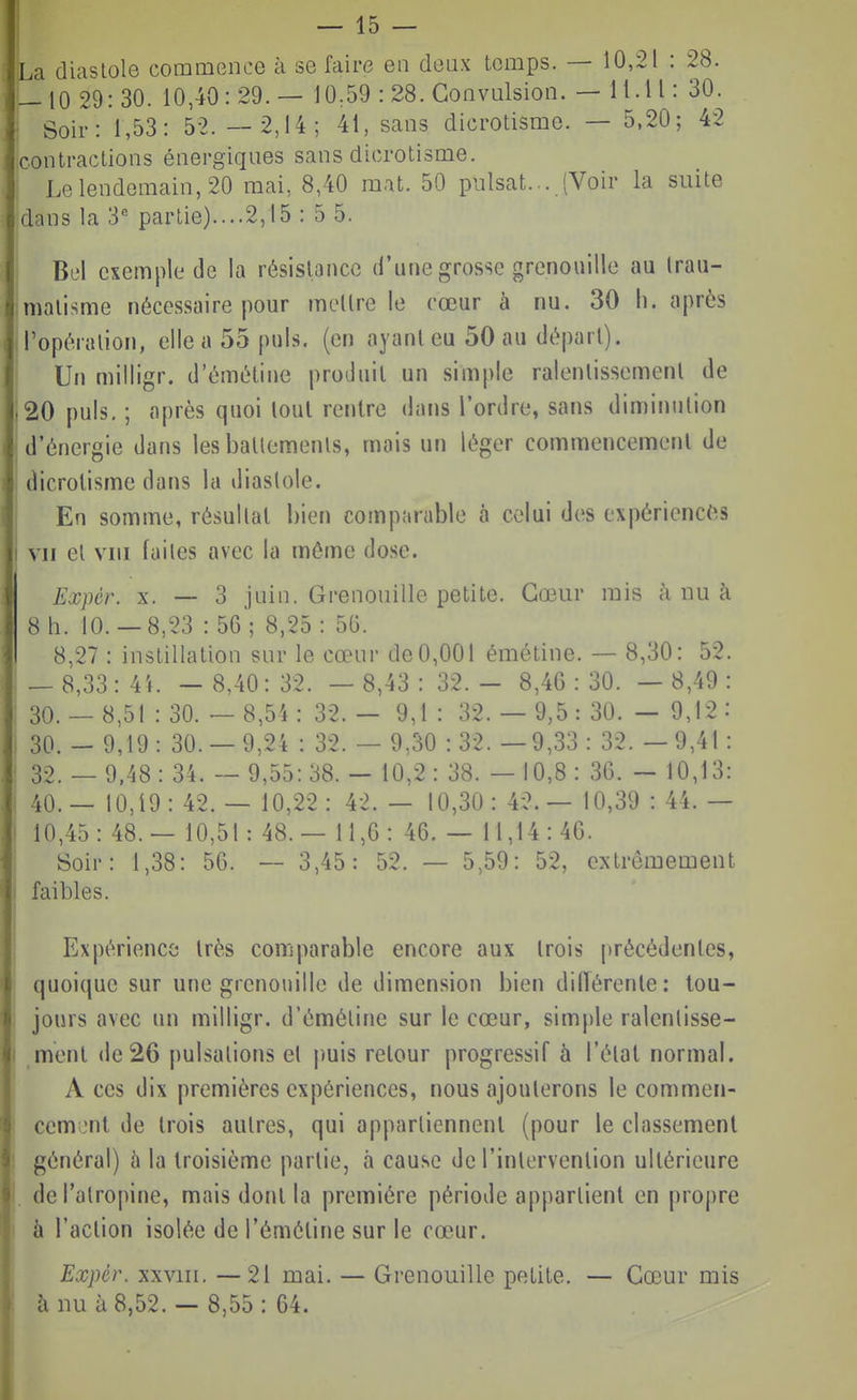 La diastole commence à se faire en doux temps. — 10,21 : 28. — 10 29:30. 10,40:29.— 10:59 : 28. Convulsion. — 11.11: 30. Soir: 1,53: 52. — 2,14; 41, sans dicrotisme. — 5,20; 42 contractions énergiques sans dicrotisme. Le lendemain, 20 mai, 8,40 mat. 50 puisât... (Voir la suite dans la 3^ partie)....2,15 : 5 5. Bel exemple de la résislancc d'une grosse grenouille au Irau- malisme nécessaire pour mellre le cœur à nu. 30 h. après ropéralion, elle a 55 puis, (en ayant eu 50 au dépari). Un milligr. d'éméline produit un simple ralenlissemcnl de 20 puis. ; après quoi loul rentre dans l'ordre, sans diminution d'énergie dans les battements, mais un léger commencemenl de dicrotisme dans la diastole. En somme, résultat bien comparable à celui des expériences VII et VIII laites avec la môme dose. Expér. X. — 3 juin. Grenouille petite. Cœur rais à nu à 8 h. 10.-8,23 :56; 8,25: 56. 8,27 : instillation sur le cœur de0,001 émétine. — 8,30: 52. — 8,33: 4i. - 8,40: 32. — 8,43 : 32. - 8,4G : 30. — 8,49 : 30. — 8,51 : 30. — 8,54 : 32. — 9,1 : 32. — 9,5 : 30. — 9,12 : 30. - 9,19: 30.- 9,24 : 32. — 9,30 : 32. —9,33 : 32. — 9,41 : 32. — 9.48: 34. — 9,55: 38. - 10,2: 38. — 10,8 : 36. - 10,13: 40.— 10,19: 42. — 10,22: 42. — 10,30: 42.— 10,39 : 44. — 10,45: 48.— 10,51: 48.- 11,6: 46. — 11,14:46. Soir: 1,38: 56. — 3,45: 52. — 5,59: 52, extrêmement faibles. Expérience très comparable encore aux trois précédentes, quoique sur une grenouille de dimension bien dilTérenle: tou- jours avec un milligr. d'émétine sur le cœur, simple ralentisse- ment de 26 j)ulsalions el puis retour progressif à l'étal normal. Aces dix premières expériences, nous ajouterons le commen- cement de trois autres, qui appartiennent (pour le classement général) 6 la troisième partie, a cause de l'inlervenlion ultérieure . de l'atropine, mais dont la première période appartient en propre à l'action isolée de l'éméline sur le cœur, Expér. xxviii, —21 mai. — Grenouille petite. — Cœur mis à nu à 8,52. — 8,55 : 64.