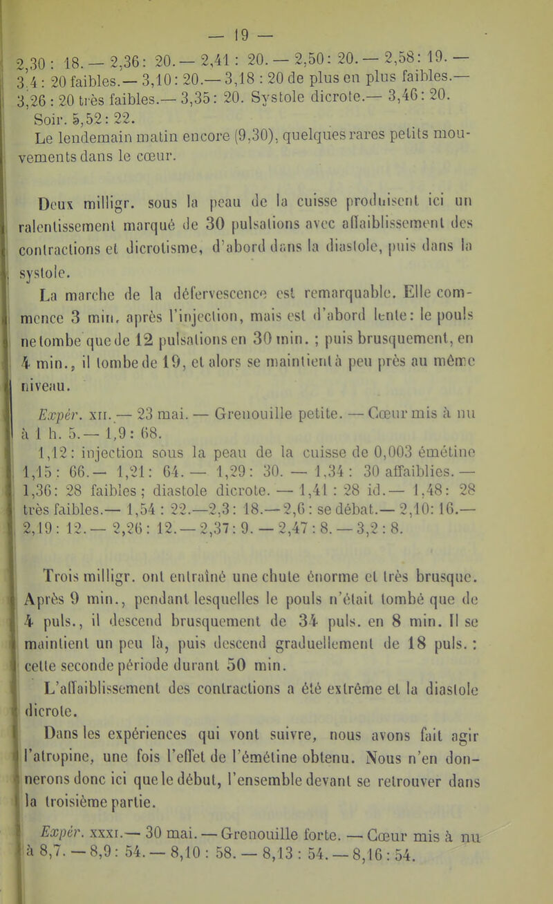 2 30: 18.- 2,36: 20.- 2,41: 20. — 2,50: 20. — 2,58: 19.— 3'4 • 20 faibles.— 3,10: 20.— 3,18 : 20 de plus en plus faibles.— 3^26 : 20 très faibles.— 3,35: 20. Systole dicrote.— 3,4G : 20. Soir. 5,52: 22. Le lendemain malin encore (9,30), quelques rares petits mou- vements dans le cœur. Deux milligr. sous la peau de la cuisse produisent ici un ralenlissemenl marqué de 30 pulsations avec alïaiblissemenl des contractions et dicrolisme, d'abord dans la diastole, puis dans la systole. La marche de la défervescence est remarquable. Elle com- mence 3 min, après l'injection, mais est d'abord lente: le pouls ne tombe que de 12 pulsations en 30 min. ; puis brusquement, en 4 min.j il tombe de 19, et alors se maintient à peu près au même niveau. Expér. XII. — 23 mai. — Grenouille petite. —Cœur mis à nu à 1 h. 5.— 1^9: (î8. 1,12: injection sous la peau de la cuisse de 0,003 éméline 1,15: 66.- 1,21: 64.— 1,29: 30.- 1,34: 30 affaiblies.— 1,30: 28 faibles; diastole dicrote. — 1,41 : 28 id.— 1,48: 28 très faibles.— 1,54 : 22.-2,3: 18.-2,6 : se débat.— 2,10:16.— 2,19: 12.— 2,26: 12.-2,37:9.-2,47:8.-3,2:8. Trois milligr. ont entraîné une chute énorme et très brusque. Après 9 min., pendant lesquelles le pouls n'était tombé que de 4 puis., il descend brusquement de 34 puis, en 8 min. ïl se maintient un peu là, puis descend graduellement de 18 puis. : \ cette seconde période durant 50 min. L'alTaiblissement des contractions a été extrême et la diastole dicrote. Dans les expériences qui vont suivre, nous avons fait agir l'atropine, une fois l'eiïel de l'émétine obtenu. Nous n'en don- nerons donc ici que le début, l'ensemble devant se retrouver dans la troisième partie. Expér. XXXI.— 30 mai. — Grenouille forte. — Cœur mis à nu là 8,7. - 8,9 : 54. — 8,10 : 58. — 8,13 : 54. — 8,16 : 54.