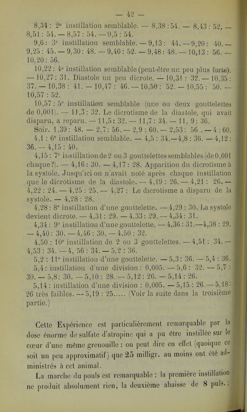 8,34 : 2 instillation semblablo. — 8,38 :54. — 8,43 : 52. — 8,51 : 54.-8,57: 54.-9,5: 54. 9,6: 3' instillation semblable. — 9,13 : 44.-9,20: 40.-- 9,25 : 45. - 9,30: 48. — 9,40 : 52. — 9,48: 48. — 10,13 : 56. - 10,20: 56. 10,22: 4e instillation semblable (peut-être un peu plus forte). — 10,27: 31. Diastole un pou dicrote. — 10,31 : 32. — 10.35: 37.- 10,38: 41.- 10,47: 46.- 10,50: 52.- 10,55: 50.- 10,57 : 52. 10,57: instillation semblable (une ou deux gouttelettes de 0,001). — 11,3: 32. Le dicrotisme de la diastole, qui avait disparu, a reparu. — 11,5: 32. — 11,7 : 34. — 11, 9: 36. Soir. 1,39: 48. — 2,7: 56.- 2,9: 60.- 2,53: 56 . — 4:60. 4.1 : 6« instillation semblable, — 4,5 : 34.-4,8 : 36. — 4,12 : 36.- 4,15:40. 4,15: 1^ instillation de 2 ou 3 gouttelettes semblables (de 0,001 chaque?). — 4,16: 30. —4,17: 28. Apparition du dicrotisme à la systole. Jusqu'ici on n'avait noté après chaque instillation que le dicrotisme de la diastole. — 4,19 : 26. — 4,21 : 26. — 4,22 : 24. — 4,25 : 25. — 4,27 : Le dicrotisme a disparu de la systole. — 4,28 : 28. 4,28: 8 instillation d'une gouttelette. —4,29 : 30. La systole devient dicrote. — 4,31: 29. — 4,33: 29. — 4,34: 31. 4,34: 9^ instillationd'unegouttelette. —4,36: 31.—4,38 : 29. — 4,40: 30.-4,46: 30.-4,50: 32. 4,50 : 10^ instillation de 2 ou 3 gouttelettes. —4,51 : 34.— 4,53: 34.-4, 56: 34.- 5,2: 36. 5.2 : 11'' instillation d'une gouttelette. — 5,3: 36. — 5,4 : 36. 5,4: instillation d'une division: 0,005. — 5,6 : 32. — 5,7 : 30.- 5,8: 30. —5,10: 28.- 5,12: 26. - 5,14: 26. 5,14: instillation d'une division : 0,005. — 5,15: 26.—5,18: 26 très faibles. — 5,19 : 25 (Voir la suite dans la troisième partie.) Celle Expérience est parliculièrement remarquable par la dose énorme de sulfule d'alropine qui a pu élre inslilléesur le cœur d'une môme grenouille : on |)eut dire en elïel (quoique ce soil un peu approximatif) que 25 milligr. au moins ont ùlé ad- ministrés à cel animal. La marche du pouls est remarquable: la première inslillalion ne produit absolument rien, la deuxième abaisse de 8 puis.;