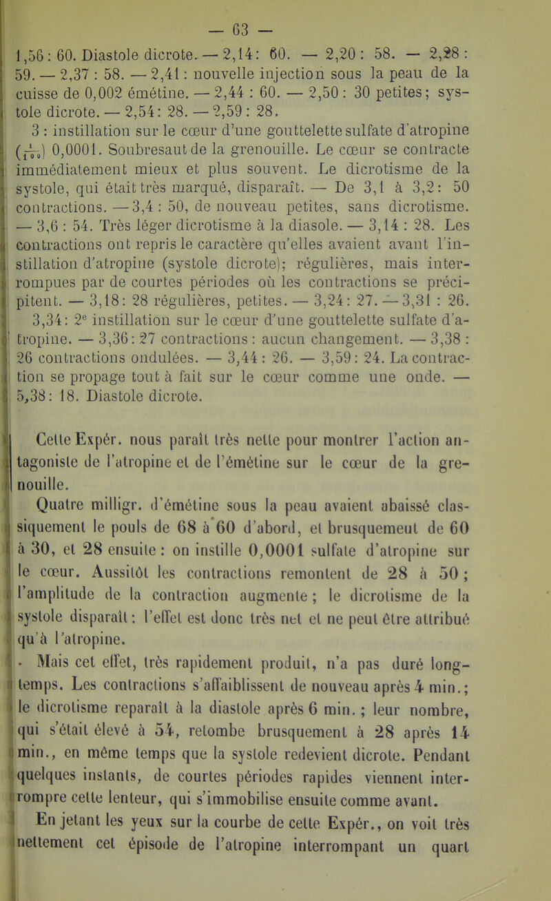 1,56: 60. Diastole dicrote. —2,14: 60. — 2,20: 58. — 2,28: 59. — 2,37 : 58. — 2,41 : nouvelle injection sous la peau de la cuisse de 0,002 émétine. — 2,44 : 60. — 2,50 : 30 petites; sys- tole dicrote. — 2,54: 28.-2,59: 28. 3 : instillation sur le cœur d'une gouttelette sulfate d'atropine 0,0001. Soubresaut de la grenouille. Le cœur se contracte immédiatement mieux et plus souvent. Le dicrotisme de la systole, qui était très marqué, disparaît. — De 3,1 à 3,2: 50 contractions,—3,4 : 50, de nouveau petites, sans dicrotisme. — 3,6 : 54. Très léger dicrotisme à la diasole. — 3,14 : 28. Les contractions ont repris le caractère qu'elles avaient avant l'in- stillation d'atropine (systole dicrote); régulières, mais inter- rompues par de courtes périodes où les contractions se préci- pitent. — 3,18: 28 régulières, petites. — 3,24: 27.-3,31 : 26. 3,34: 2^ instillation sur le cœur d'une gouttelette sulfate d'a- Eropine. — 3,36: 27 contractions : aucun changement. — 3,38 : 26 contractions ondulées. — 3,44: 26. — 3,59: 24. La contrac- tion se propage tout à fait sur le cœur comme une onde. — 5,38: 18. Diastole dicrote. Celle Expér. nous paraîl Irès nelle pour monlrer l'aclion an- lagonisle de l'atropine et de Témétine sur le cœur de la gre- nouille. Quatre milligr. d'émétine sous la peau avaient abaissé clas- siquement le pouls de 68 à*60 d'abord, el brusquemeut de 60 à 30, et 28 ensuite: on instille 0,0001 sulfale d'atropine sur le cœur. Aussitôt les contractions rentiontent de 28 k 50 ; l'amplitude de la contraction augmente ; le dicrotisme de la systole disparaît : l'efTet est donc très net et ne peut être attribué qu'à l'atropine. . Mais cet elFet, très rapidement produit, n'a pas duré long- temps. Les contractions s'affaiblissent de nouveau après4 min.; le dicrotisme reparait à la diastole après 6 min. ; leur nombre, qui s'était élevé à 54, retombe brusquement à 28 après 14 min., en môme temps que la systole redevient dicrote. Pendant quelques instants, de courtes périodes rapides viennent inter- rompre cette lenteur, qui s'immobilise ensuite comme avant. En jetant les yeux sur la courbe de cette Expér., on voit très nettement cet épisode de l'atropine interrompant un quart