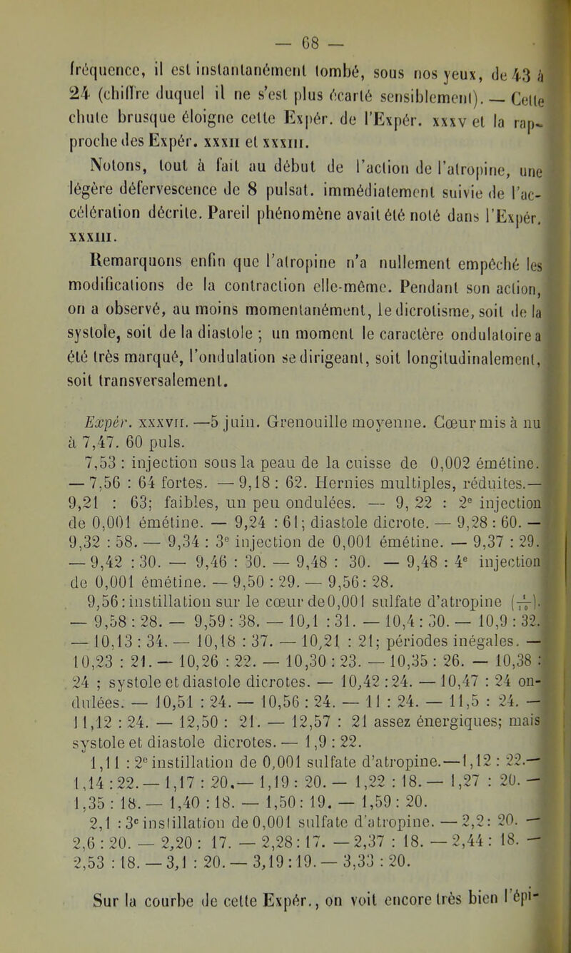 fréquence, il est inslanlanémcnl londbé, sous nos yeux, de 43 à 24 (chillre duquel il ne s'est plus écarté sensiblemeni). — Celle cliule brusque éloigne cette Expér. de l'Expér. xxxv et la rap~ proche des Expér. xxxii et xxxiii. Notons, tout à i'ait au début de l'aclion de l'atropine, une légère défervescence de 8 puisât, immédiatement suivie de l'ac- célération décrite. Pareil phénomène avait été nolé dans l'Expér. xxxm. Remarquons enfin que l'atropine n'a nullement empêché les modificalions de la contraction elle-même. Pendant son action, on a observé, au moins momentanément, le dicrotisme, soit de h systole, soit de la diastole ; un moment le caractère ondulatoire a été très marqué, l'ondulation se dirigeant, soit longiludinalement, soit transversalement. Expér. XXXVII. —5 jain. Grenouille moyenne. Cœur mis à nu à 7,47. 60 puis. 7,53 : injection sous la peau de la cuisse de 0,002 émétine. — 7,56 : 64 fortes. — 9,18 : 62. Hernies multiples, réduites.—) 9,21 : 63; faibles, un peu ondulées. — 9, 22 : 2'^ injection de 0,001 émétine. — 9,24 : 61; diastole dicrote. — 9,28 : 60. - 9,32 : 58. — 9,34 : 3-^ injection de 0,001 émétine. — 9,37 : 29. — 9,42 : 30. — 9,46 : 30. — 9,48 : 30. — 9,48 : 4« injection de 0,001 émétine. — 9,50 : 29. — 9,56: 28. 9,56 : instillation sur le cœur deO,001 sulfate d'atropine (t^I. — 9,58 : 28. — 9,59 : 38. — 10/1 : 31. — 10,4 : 30. — 10,9 : 32. — 10,13 : 34.— 10,18 : 37. — 10,21 : 21; périodes inégales. - 10,23 : 21.- 10,26 : 22. — 10,30:23. — 10,35: 26. — 10,38 : 24 ; systole et diastole dicrotes. — 10,42 :24. — 10,47 : 24 on- dulées. — 10,51 : 24. — 10,56 : 24. — 11 : 24. — 11,5 : 24. - 1 1,12 : 24. — 12,50 : 21. — 12,57 : 21 assez énergiques; mais systole et diastole dicrotes. — 1,9 : 22. 1,11 : 2Mnstillation de 0,001 sulfate d'atropine.—1,12 : 22.— 1,14:22.- 1,17 : 20.— 1,19: 20. - 1,22 : 18.— 1,27 : 20. - 1,35 : 18. — 1,40 :18. — 1,50: 19. — 1,59 : 20. 2,1 :3Mnslillation de0,001 sulfate d'atropine. —2,2: 20. — 2,6:20. — 2,20: 17. — 2,28:17. —2,37 : 18.- 2,44: 18. - 2,53 :t8. —3,1 : 20.- 3,19:19.- 3,33 : 20. Sur la courbe de cette Expér,, on voit encore très bien l'épi-