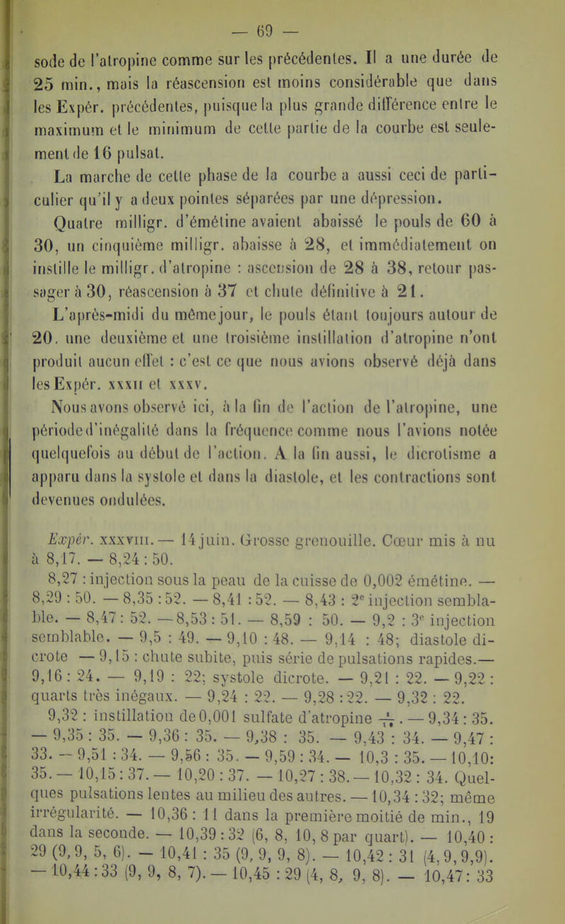 sode de l'alropine comme sur les précédenles. Il a une durée de 25 min., mais la réascension est moins considérable que dans les Expér. précédenles, puisque la plus grande dillérence entre le maximum el le minimum de celle parlie de la courbe est seule- ment de 16 puisai. La marche de celle phase de la courbe a aussi ceci de parti- culier qu'il y a deux pointes séparées par une dépression. Quatre milligr. d'éméline avaient abaissé le pouls de 60 à 30, un cinquième milligr. abaisse à 28, et immédiatement on instille le milligr. d'alropine : ascension de 28 à 38, retour pas- sager à 30, réascension â 37 cl chute définitive à 21. L'après-midi du même jour, le pouls étant toujours autour de 20. une deuxième et une troisième instillation d'atropine n'ont produit aucun eiïel : c'est ce que nous avions observé déjà dans les Expér. xxxii et xxxv. Nous avons observé ici, à la fin de l'aclion de l'atropine, une périoded'inégalilé dans la fréquenc(î comme nous l'avions notée quelquefois au début de l'action. A la (in aussi, le dicrolisme a apparu dans la systole et dans la diastole, et les contractions sont devenues ondulées. Expér. XXXVIII.— 14 juin. Grosso grenouille. Cœur mis à nu à 8,17. — 8,24:50. 8,27 : injection sous la peau de la cuisse de 0,002 éraétine. — 8,29 : 50. - 8,35 :52. - 8,41 :52. — 8,43 : 2« injection sembla- ble. - 8,47: 52. —8,53: 51. — 8,59 : 50. — 9,2 : 3 injection semblable. — 9,5 : 49. -- 9,10 : 48. — 9,14 : 48; diastole di- crote — 9,15 : chute subite, puis série de pulsations rapides.— 9,16: 24. — 9,19 : 22; systole dicrote. — 9,21 : 22. —9,22: quarts très inégaux. — 9,24 : 22. — 9,28 :22. — 9,32 : 22. 9,32 : instillation de 0,001 sulfate d'atropine • — 9,34 : 35. - 9,35 : 35. - 9,36 : 35. — 9,38 : 35. — 9,43 : 34. — 9,47 : 33. - 9,51 : 34. - 9,56 : 35. - 9,59 : 34. - 10,3 : 35. - 10,10: 35.- 10,15:37.- 10,20:37. - 10,27 : 38.- 10,32 : 34. Quel- ques pulsations lentes au milieu des autres. — 10,34 :32; même irrégularité. — 10,36: 11 dans la première moitié de min., 19 dans la seconde. — 10,39 : 32 (6, 8, 10, 8 par quart). — 10,40 : 29 (9,9, 5, 6). - 10,41 : 35 (9, 9, 9, 8). - 10,42: 31 (4,9,9,9). - 10,44:33 (9, 9, 8, 7). - 10,45 : 29 (4, 8, 9, 8). - 10,47:33