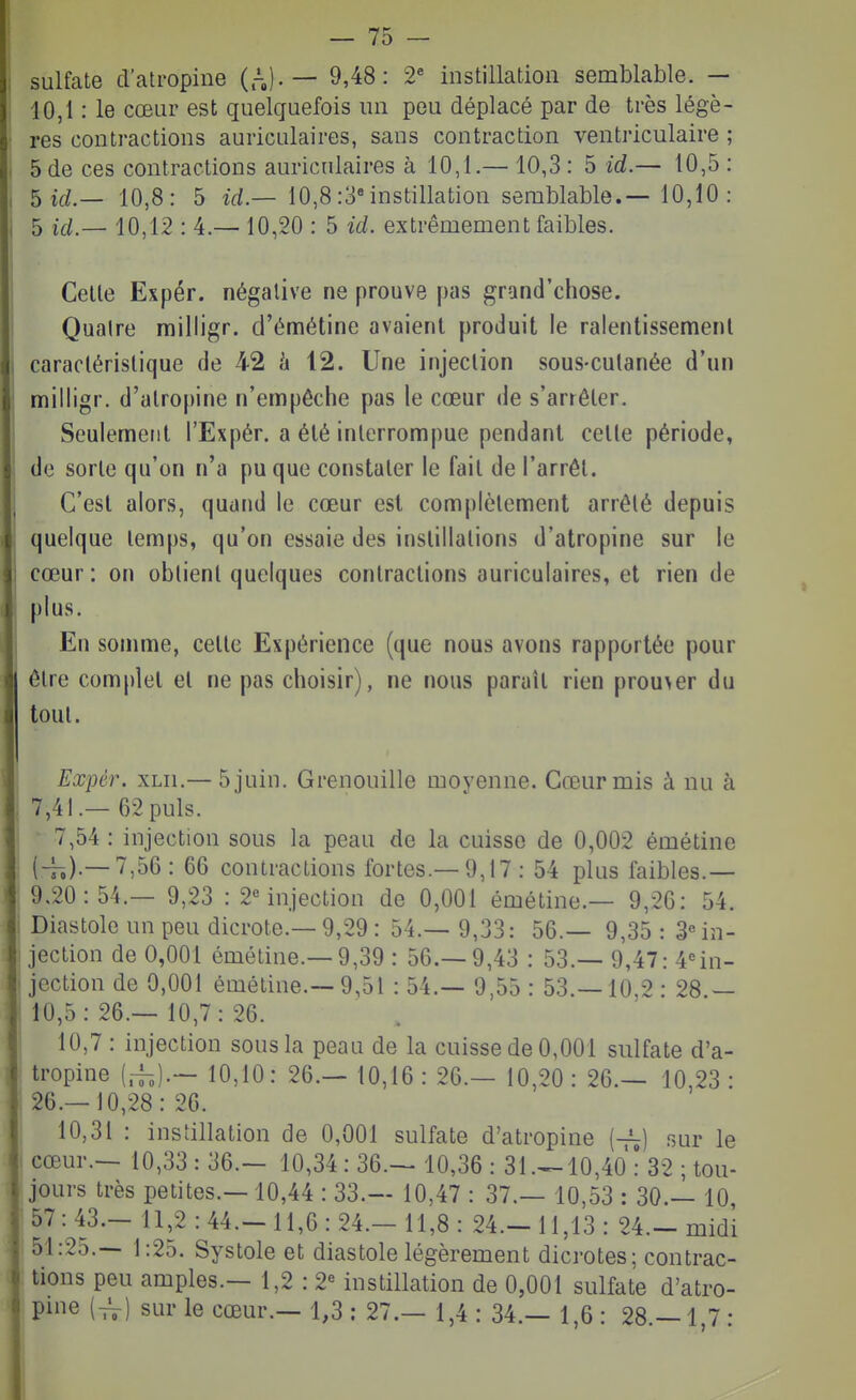— 75 - sulfate d'atropine (.-,)•— : 2 instillation semblable. — 10,1 : le cœur est quelquefois un peu déplacé par de très légè- res contractions auriculaires, sans contraction ventriculaire ; 5 de ces contractions auricidaires à 10,1.— 10,3: 5 id.— 10,5 : ^icl— 10,8: 5 id — 10,8:3Mnstillation semblable.— 10,10: 5 ici,— 10,12 : 4.— 10,20 : 5 id. extrêmement faibles. Celle Expér. négative ne prouve pas grand'chose. Quatre milligr. d'émétine avaient produit le ralentissement caractéristique de 42 à 12. Une injection sous-cutanée d'un milligr. d'atropine n'empêche pas le cœur de s'arrêter. Seulement l'Expér. a été interrompue pendant celle période, de sorle qu'on n'a pu que constater le fait de l'arrêt. C'est alors, quand le cœur est complètement arrêté depuis quelque temps, qu'on essaie des instillations d'atropine sur le cœur : on obtient quelques contractions auriculaires, et rien de plus. En somme, cette Expérience (que nous avons rapportée pour être complet et ne pas choisir), ne nous paraît rien prou\er du tout. Expér. xLii.— 5 juin. Grenouille moyenne. Cœur mis à nu à 7,4!.—62 puis. 7,54 : injection sous la peau de la cuisse de 0,002 émétine (-T-.)-—7,56 : 66 contractions fortes.—9,17 : 54 plus faibles.— 9,20:54.— 9,23 : 2« injection de 0,001 émétine.— 9,26: 54. Diastole un peu dicrote.— 9,29 : 54.— 9,33: 56.— 9,35 : 3« in- jection de 0,001 émétine.—9,39 : 56.-9,43 : 53.— 9,47: 4= in- jection de 0,001 émétine.— 9,51 : 54.— 9,55 : 53.—10,2 : 28.— 10,5: 26.— 10,7: 26. 10,7 : injection sous la peau de la cuisse de 0,001 sulfate d'a- tropine (.-fo).— 10,10: 26.— 10,16: 26.— 10,20: 26.— 10,23: 26.-10,28: 26. 10,31 : instillation de 0,001 sulfate d'atropine (-î-) r,ur le cœur.- 10,33 : 36.- 10,34 : 36.— 10,36 : 31.^10,40 : 32 ; tou- jours très petites.— 10,44 : 33.— 10,47 : 37.— 10,53 : 30.— 10, 57: 43.- 11,2 : 44.- 11,6 : 24.- 11,8 : 24.- 11,13 : 24.- midi 51:2t).— 1:25. Systole et diastole légèrement dicrotes; contrac- tions peu amples.— 1,2 : 2« instillation de 0,001 sulfate d'atro-