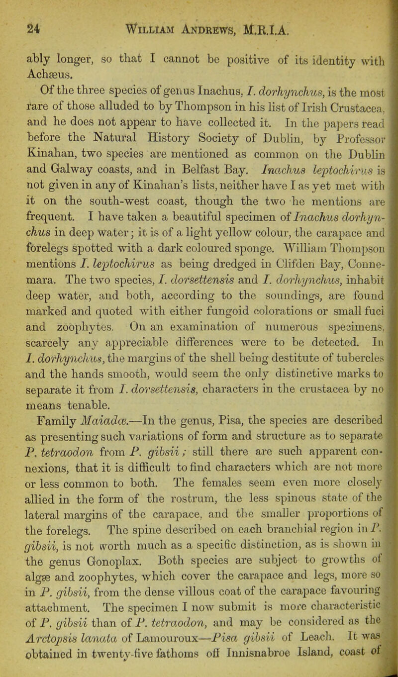 ably longer, so that I cannot be positive of its identity with Achaeus. Of the three species of genus Inachiis, /. dorhynchus, is the most fare of those alluded to by Thompson in his list of Irish Crustacea, and he does not appear to have collected it. In the papers rea(i before the Natural History Society of Dublin, by Professor Kinahan, two species are mentioned as common on the Dublin and Galway coasts, and in Belfast Bay. Inachus leptochirus is not given in any of Kinahan's lists, neither have I as yet met with it on the south-west coast, though the two he mentions are frequent. I have taken a beautiful specimen of Inachus dorhyn- chus in deep water; it is of a light yellow colour, the carapace and forelegs spotted with a dark coloured sponge. William Thompson mentions /. leptochirus as being dredged in Clifden Bay, Conne- mara. The two species, /. dorsettensis and /. dorhynchus, inhabit deep water, and both, according to the soundings, are found marked and quoted with either fungoid colorations or small fuci and zoophytes. On an examination of numerous specimens, scarcely any appreciable differences were to be detected. In I. dorhyncJnis, the margins of the shell being destitute of tubercles and the hands smooth, would seem the only distinctive marks to separate it from /. dorsettensis, characters in the Crustacea by no means tenable. Family Maiadce.—In the genus, Pisa, the species are described as presenting such variations of form and structure as to separate P. tetraodon from F. gihsii; stiU there are such apparent con- nexions, that it is difficult to find characters which are not more or less common to both. The females seem even more closely allied in the form of the rostrum, the less spinous state of the lateral margins of the carapace, and the smaUer proportions of. the forelegs. The spine described on each branchial region in P. gihsii, is not v^orth much as a specific distinction, as is shown in the genus Gonoplax. Both species are subject to growths o algse and zoophytes, which cover the carapace and legs, more so in P. gihsii, from the dense villous coat of the carapace favourin attachment. The specimen I now submit is more characteristi of P. gihsii than of P. tetraodon, and may be considered as th Arctojisis lanata of Lamouroux—Pisa gihsii of Leach. It w obtained in twenty five fathoms off Innisnabroe Island, coast o