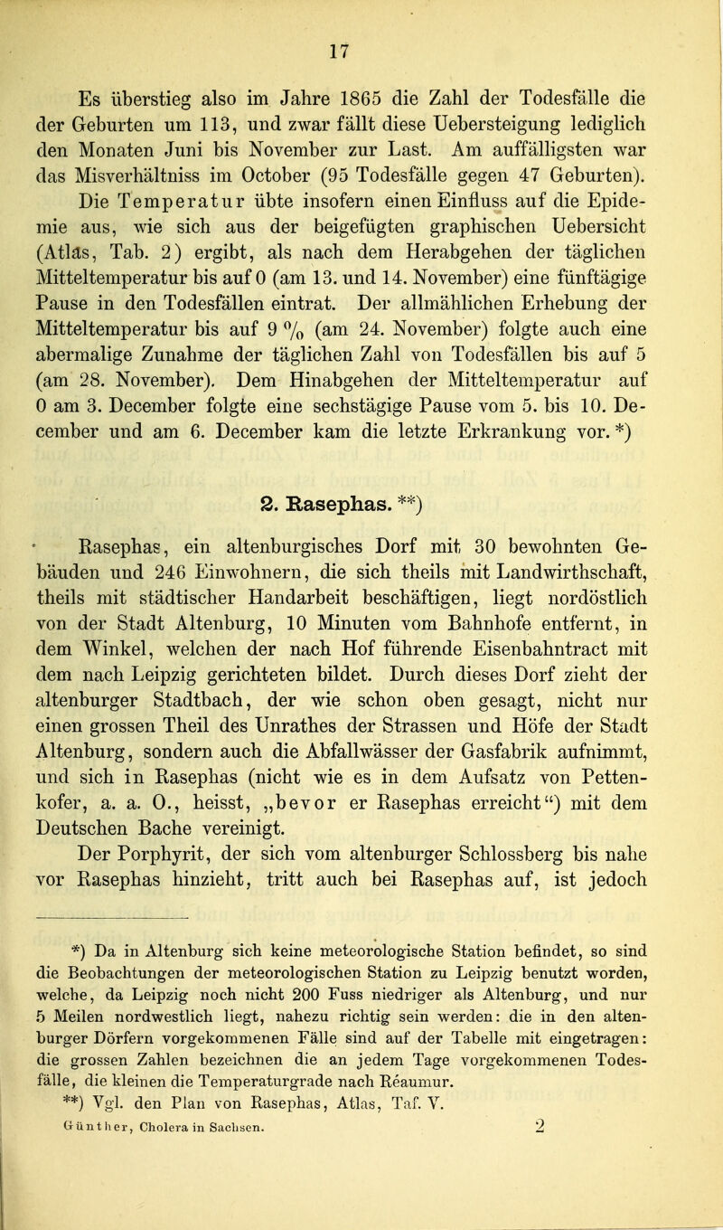 Es überstieg also im Jahre 1865 die Zahl der Todesfälle die der Geburten um 113, und zwar fällt diese Uebersteigung lediglich den Monaten Juni bis November zur Last. Am auffälligsten war das Misverhältniss im October (95 Todesfälle gegen 47 Geburten). Die Temperatur übte insofern einen Einfluss auf die Epide- mie aus, wie sich aus der beigefügten graphischen üebersicht (Atlas, Tab. 2) ergibt, als nach dem Herabgehen der täglichen Mitteltemperatur bis auf 0 (am 13. und 14. November) eine fünftägige Pause in den Todesfällen eintrat. Der allmählichen Erhebung der Mitteltemperatur bis auf 9 7o 24. November) folgte auch eine abermalige Zunahme der täglichen Zahl von Todesfällen bis auf 5 (am 28. November). Dem Hinabgehen der Mitteltemperatur auf 0 am 3. December folgte eine sechstägige Pause vom 5. bis 10. De- cember und am 6. December kam die letzte Erkrankung vor. *) 2. Rasephas. **) Rasephas, ein altenburgisches Dorf mit 30 bewohnten Ge- bäuden und 246 Einwohnern, die sich theils mit Landwirthschaft, theils mit städtischer Handarbeit beschäftigen, liegt nordöstlich von der Stadt Altenburg, 10 Minuten vom Bahnhofe entfernt, in dem Winkel, welchen der nach Hof führende Eisenbahntract mit dem nach Leipzig gerichteten bildet. Durch dieses Dorf zieht der altenburger Stadtbach, der wie schon oben gesagt, nicht nur einen grossen Theil des Unrathes der Strassen und Höfe der Stadt Altenburg, sondern auch die Abfallwässer der Gasfabrik aufnimmt, und sich in Rasephas (nicht wie es in dem Aufsatz von Petten- kofer, a. a. 0., heisst, „bevor er Rasephas erreicht) mit dem Deutschen Bache vereinigt. Der Porphyrit, der sich vom altenburger Schlossberg bis nahe vor Rasephas hinzieht, tritt auch bei Rasephas auf, ist jedoch *) Da in Altenburg sich keine meteorologische Station befindet, so sind die Beobachtungen der meteorologischen Station zu Leipzig benutzt worden, welche, da Leipzig noch nicht 200 Fuss niedriger als Altenburg, und nur 5 Meilen nordwestlich liegt, nahezu richtig sein werden: die in den alten- burger Dörfern vorgekommenen Fälle sind auf der Tabelle mit eingetragen: die grossen Zahlen bezeichnen die an jedem Tage vorgekommenen Todes- fälle, die kleinen die Temperaturgrade nach Reaumur. **) Vgl. den Plan von Rasephas, Atlas, Taf. V. trünther, Cholera in Sachsen. 2