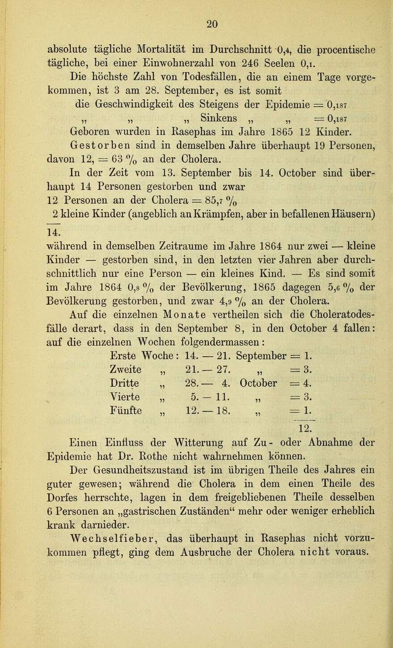 absolute tägliche Mortalität im Durchschnitt 0,4, die procentische tägliche, bei einer Einwohnerzahl von 246 Seelen 0,i. Die höchste Zahl von Todesfällen, die an einem Tage vorge- kommen, ist 3 am 28. September, es ist somit die Geschwindigkeit des Steigens der Epidemie — 0,i87 „ „ „ Sinkens „ „ = 0,i87 Geboren wurden in Rasephas im Jahre 1865 12 Kinder. Gestorben sind in demselben Jahre überhaupt 19 Personen, davon 12, = 63 7o der Cholera. In der Zeit vom 13. September bis 14. October sind über- haupt 14 Personen gestorben und zwar 12 Personen an der Cholera = 85,? 7o 2 kleine Kinder (angeblich an Krämpfen, aber in befallenen Häusern) 14. während in demselben Zeiträume im Jahre 1864 nur zwei — kleine Kinder — gestorben sind, in den letzten vier Jahren aber durch- schnittlich nur eine Person — ein kleines Kind. — Es sind somit im Jahre 1864 0,8 7o <ier Bevölkerung, 1865 dagegen 5,6 7o ^^^r Bevölkerung gestorben, und zwar 4,9% d^r Cholera. Auf die einzelnen Monate vertheilen sich die Choleratodes- fälle derart, dass in den September 8, in den October 4 fallen: auf die einzelnen Wochen folgendermassen: Erste Woche: 14. — 21. September = 1. Zweite „ 21.— 27. Dritte „ 28.— 4. October r=4. Vierte „ 5. - 11. :=3. Fünfte „ 12.— 18. r= 1. 127 Einen Einfluss der Witterung auf Zu- oder Abnahme der Epidemie hat Dr. Eothe nicht wahrnehmen können. Der Gesundheitszustand ist im übrigen Theile des Jahres ein guter gewesen; während die Cholera in dem einen Theile des Dorfes herrschte, lagen in dem freigebliebenen Theile desselben 6 Personen an „gastrischen Zuständen mehr oder weniger erheblich krank darnieder. Wechselfieher, das überhaupt in Rasephas nicht vorzu- kommen pflegt, ging dem Ausbruche der Cholera nicht voraus.