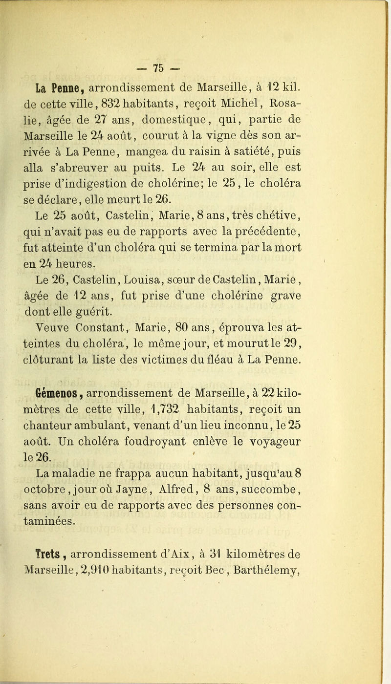 La Penne, arrondissement de Marseille, à 12kil. de cette ville, 832 habitants, reçoit Michel, Rosa- lie, âgée de 27 ans, domestique, qui, partie de Marseille le 24 août, courut à la vigne dès son ar- rivée à La Penne, mangea du raisin à satiété, puis alla s'abreuver au puits. Le 24 au soir, elle est prise d'indigestion de cholérine; le 25, le choléra se déclare, elle meurt le 26. Le 25 août, Castelin, Marie, 8 ans, très chétive, qui n'avait pas eu de rapports avec la précédente, fut atteinte d'un choléra qui se termina par la mort en 24 heures. Le 26, Castelin, Louisa, sœur de Castelin, Marie, âgée de 12 ans, fut prise d'une cholérine grave dont elle guérit. Veuve Constant, Marie, 80 ans, éprouva les at- teintes du choléra', le même jour, et mourut le 29, clôturant la liste des victimes du fléau à La Penne. Gémenos, arrondissement de Marseille, à 22kilo- mètres de cette ville, 1,732 habitants, reçoit un chanteur ambulant, venant d'un lieu inconnu, le 25 août. Un choléra foudroyant enlève le voyageur le 26. La maladie ne frappa aucun habitant, jusqu'au 8 octobre , jour où Jayne, Alfred, 8 ans, succombe, sans avoir eu de rapports avec des personnes con- taminées. Trets , arrondissement d'Aix, à 31 kilomètres de Marseille, 2,910 habitants, reçoit Bec, Barthélémy,