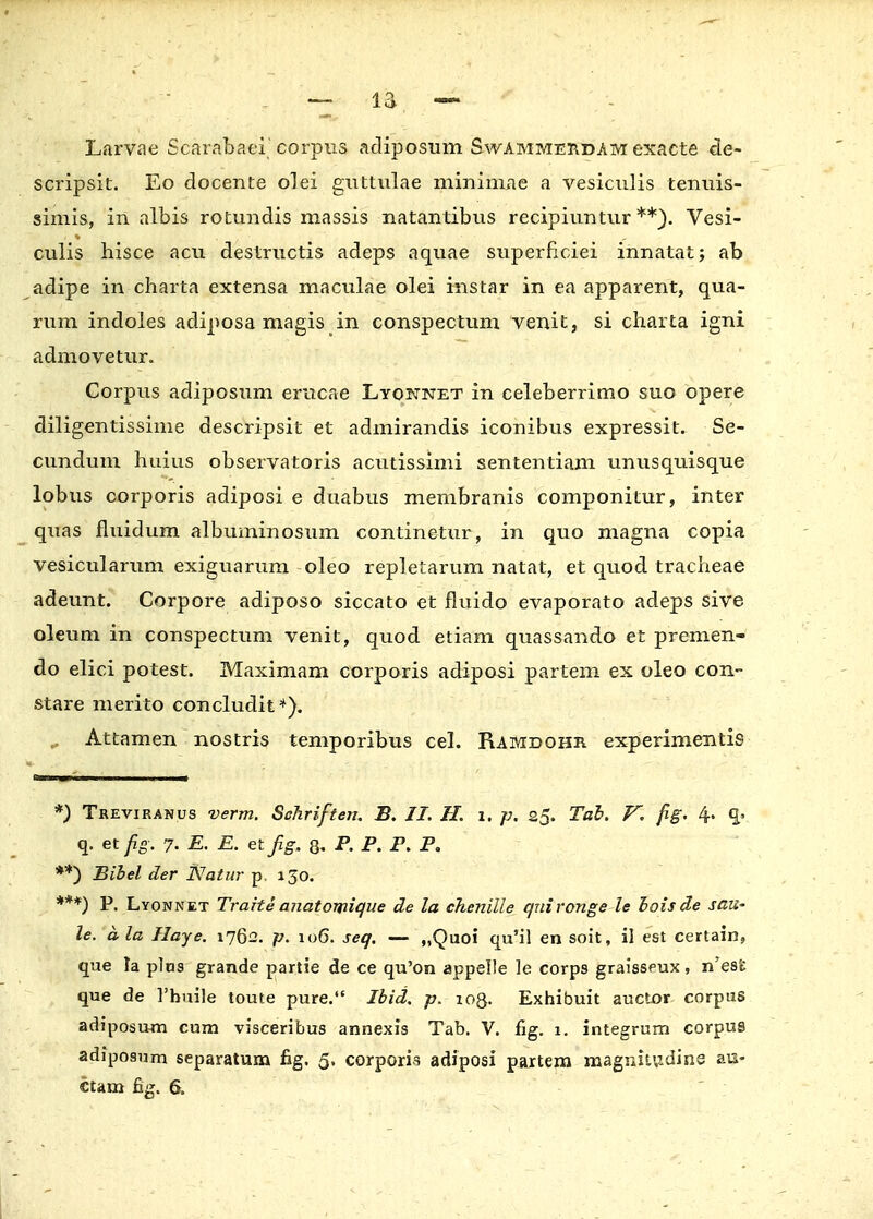 Larvae Scarabaei'corpus adiposum Swammerdam exacte de- scripsit. Eo docente olei guttulae minimae a vesiculis tenuis- simis, in albis rotundis massis natantibus recipiuntur *.*). Vesi- culis hisce acu destructis adeps aquae superficiei innatat; ab adipe in charta extensa maculae olei instar in ea apparent, qua- rum indoies adiposa magis in conspectum venit, si charta igni admovetur. Corpus adiposum erucae Lyonnet in celeberrimo suo opere diligentissime descripsit et admirandis iconibus expressit. Se- cundum huius observatoris acutissimi sententiam unusquisque lobus corporis adiposi e duabus membranis componitur, inter quas fluidum albuminosum continetur, in quo magna copia vesicularum exiguarum oleo replefcarum natat, et quod tracheae adeunt. Corpore adiposo siccato et fluido evaporato adeps sive oleum in conspectum venit, quod etiam quassando et premen- do elici potest. Maximam corporis adiposi partem ex oleo con- stare merito concludit4). „ Attamen nostris temporibus cel. Ramdohr experimentis *) Treviranus verm. Sohriften. B. II. H. i. p. 25. Tab. V. fig- 4« <j* q. et fig. 7. E. E. et fig. 8, P. P. P. P. **) Bibel der Natur p. 130. ***) P. Lyonnet Traite anatomique de la chenille qnironge le boisde sau- le. a la Haye. 1762. p. 106. seq. — „Quoi qu'il en soit, il est certain, que Ta plns grande partie de ce qu'on appelle le corps graisspux, n'es£ que de 1'buile toute pure. Ibid. p. log. Exhibuit auctor corpus adiposum cum visceribus annexis Tab. V. fig. 1. integrum corpus adiposum separatum fig. 5, corporis adiposi partem magniiudins au-