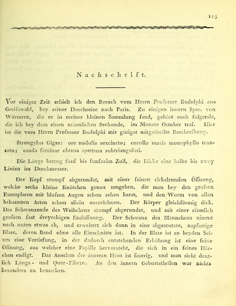 Vor einiger Zei£ erhielt ieh (Jen Besucli %''om Herrn ri^ofcssor Fiudolphi aus Greifswald, bey seiner Durchreise nach Paris. Zu einigen innern Spec. von Würmern, die er in meiner Kleinen Sammlung fand, gehört auch folgende,^ die ich bey dem einen männlichen Seehunde, im Monate October traf. Hier ist die vom Herrn Professor Fiudolphi mir ghtigst mitgeLhciltG Beschreibunr:, Strongylus Gigas; ore nodulis sexcinctoi eacullo inoiis monophyllo trun- eato; eauda feminae obtusa apertura siibtriangulari. Die Länge beLrng fünf Ms fünfzehn ZoU,. die DIcIlG eine halbe bis zvrey Linien im Durchmesser. Der Kopf stumpf abgerundet, mit einer feinen cirkelrunden Öffnung, T/elche sechs kleine Knötchen genau iimgeben, die man bey den grofsen Exemplaren mit blofsen Augen schon sehen kann, und den 'Wurm von allen bekannten Arten schon allein auszeichnen. Der Körper gleichförmig dick. Das Sch-vvanzende des Weibchens stumpf abgemndet, und mit einer ziemlich grofsen fast dreyeckigen Endöffnung. Der Schwanz des Männchens nimm^ nach unten etwas ab, und erweitert sIgIi dann in eine abgestutzte^ napfarligc Blase, deren Rand ohne alle Eins<hnitte ist. In der Blase ist an beyden Sei- ten eine Vertiefung, in der dadurch entstellenden Erliöhung ist eine fehie Öffnung, aus welcher eine Papille hervorstelif, die sich in ein feines Här- chen endigt. Das Ansehen der äussern Haut ist faserig, und man sieht deut- lich Längs- und Quer-Fibern, An den innern Geburtstheiien war nichts be3ond':rs zu bemerken.