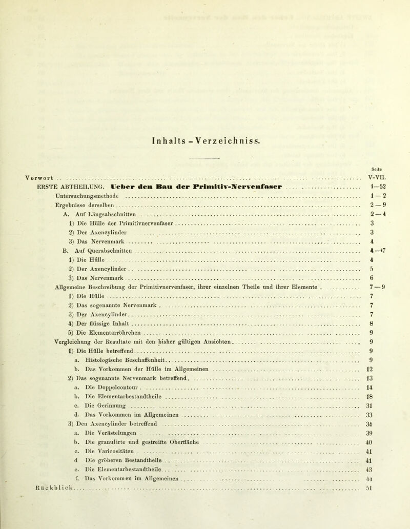 Inhalts - Verzeichniss. Seite Vorwort V-VII. ERSTE ABTHEILUNG, lieber den Bau der Prlmitiv-nTervenfaser 1—52 Untersuchiiugsmethode 1 — 2 Ergebnisse derselben 2 — 9 A. Auf Längsabsclmitteu . 2 — 4 1) Die Hülle der Primitirnervenfaser 3 2) Der Axencylinder 3 3) Das Nervenmark 4 B. Auf Querabschnitten 4—'7 1) Die Hülle 4 2) Der Axencylinder 5 3) Das Nervenmark 6 Allgemeine Beschreibung der Primitivnervenfaser, ihrer einzelnen Theile und ihrer Elemente . 7 — 9 1) Die Hülle 7 2) Das sogenannte Nervenmark . 7 3) Der Axencylinder 7 4) Der flüssige Inhalt 8 5) Die Elemeutarröhrchen 9 Vergleichung der Resultate mit den bisher gültigen Ansichten 9 1) Die HüUe betreffend 9 a. Histologische Beschaffenheit 9 b. Das Vorkommen der Hülle im Allgemeinen 12 2) Das sogenannte Nervenmark betreffend. 13 a. Die Doppelcoutour 14 b. Die Elementarbestandtheile 18 c. Die Gerinnung 31 d. Das Vorkommen im Allgemeinen 33 3) Den Axencylinder betreffend 34 a. Die Verästelungen 39 b. Die granulirte und gestreifte Oberfläche 40 c. Die Varicositäten 41 d Die gröberen Bestandtheile . 41 e. Die Elementarbestandtheile 43 f. Das Vorkommen im Allgemeinen 44 Rückblick 51