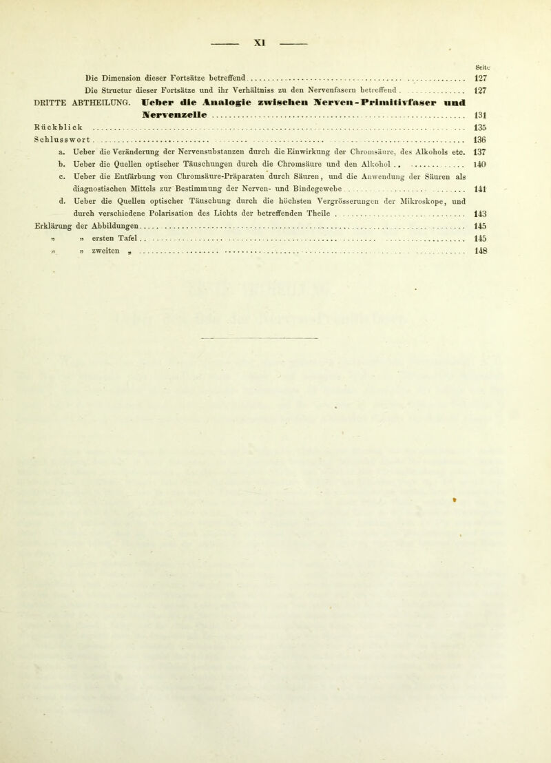 Seite üie Dimension dieser Fortsätze betreffend 127 Die Structur dieser Fortsätze und ihr Verhältniss zu den Nervenfasern betreffend . 127 DRITTE ABTHEILüNGr. Ueber die Analogie zwiseheu Aerven-Primitivt'aser und IVervenzelle 131 Rückblick 135 Schlusswort 136 a. Ueber die Veränderung der Nervensubstanzen durch die Einwirkung der Chromsäure, des Alkohols etc. 137 b. Ueber die Quellen optischer Täuschungen dui-ch die Chromsäure und den Alkohol .. 140 c. Ueber die Entfärbung von Cbromsäure-Präparaten durch Säuren, und die Anwendung der Säuren als diagnostischen Mittels zur Bestimmung der Nerven- imd Bindegewebe 141 d. Ueber die Quellen optischer Täuschung durch die höchsten Vergrösserungen der Mikroskope, und dm’ch verschiedene Polarisation des Lichts der betreffenden TheUe 143 Erklärung der Abbildungen 145 n n ersten Tafel. 145 )) » zweiten , 148 t