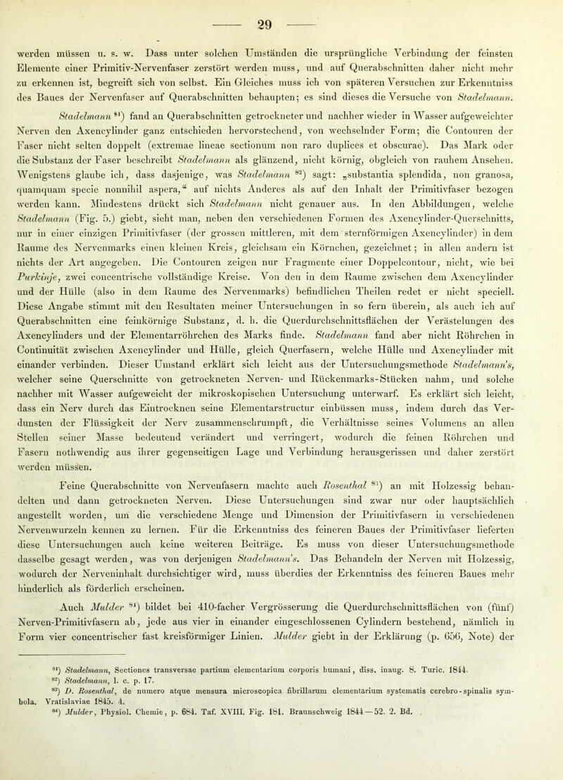 werden müssen n. s. w. Dass unter solchen Umständen die ursprüngliche Verbindung der feinsten Elemente einer Primitiv-Nervenfaser zerstört werden muss, und auf Querabschnitten daher nicht mehr zu erkennen ist, begreift sich von selbst. Ein Gleiches muss ich von späteren Versuchen zur Erkenntniss des Baues der Nervenfaser auf Querabschnitten behaupten; es sind dieses die Versuche von Stadelmann. Stadelmann fand an Querabschnitten getrockneter und nachher wieder in Wasser aufgeweichter Nerven den Axencylinder ganz entschieden hervorstechend, von wechselnder Form; die Contouren der Faser nicht selten doppelt (extremae llneae sectionum non raro dupllces et obscurae). Das Mark oder die Substanz der Faser beschreibt Stadelmann als glänzend, nicht körnig, obgleich von rauhem Ansehen. Wenigstens glaube ich, dass dasjenige, was Stadelmann sagt: „substantla splendlda, non granosa, quamquam speclc nonnlhil aspera, “ auf nichts Anderes als auf den Inhalt der Primitivfaser bezogen werden kann. Mindestens drückt sich Stadelmann nicht genauer aus. In den Abbildungen, welche Stadelmann (Fig. 5.) giebt, sieht man, neben den verschiedenen Formen des Axencylinder-Querschnltts, nur in einer einzigen Primitivfaser (der grossen mittleren, mit dem sternförmigen Axencylinder) indem Baume des Nervciimailcs einen kleinen Kreis, gleichsam ein Körnchen, gezeichnet; in allen andern ist nichts der Art angegeben. Die Contouren zeigen nur Fragmente einer Doppelcontour, nicht, wie bei Purkinje, zwei concentrische vollständige Kreise. Von den in dem Baume zwischen dem Axencylinder und der Hülle (also ln dem Baume des Nervenmarks) befindlichen Theilen redet er nicht speciell. Diese Angabe stimmt mit den Besultaten meiner Untersuchungen in so fern überein, als auch ich auf Querabschnitten eine feinkörnige Substanz, d. h. die Querdurchschnittsflächen der Verästelungen des Axencyllnders und der Elementarröhrchen des Marks finde. Stadelmann fand aber nicht Böhrchen in Contlnultät zwischen Axencylinder und Hülle, gleich Querfasern, welche Hülle und Axencylinder mit einander vei'binden. Dieser Umstand erklärt sich leicht aus der Untersuchungsmethode Stadelmann’s, welcher seine Querschnitte von getrockneten Nerven- und Bückenmarks-Stücken nahm, und solche nachher mit Wasser aufgeweicht der mikroskopischen Untersuchung unterwarf. Es erklärt sich leicht, dass ein Nerv durch das Eintrocknen seine Elementarstructur elnbüssen muss, indem durch das Ver- dunsten der Flüssigkeit der Nerv zusammenschrumpft, die Verhältnisse seines Volumens an allen Stellen seiner Masse bedeutend verändert und verringert, wodurch die feinen Böhrchen und Fasern nothwendig aus ihrer gegenseitigen Lage und Verbindung herausgerissen und daher zerstört werden müss'en. Feine Querabschnitte von Nervenfasern machte auch Rosentlial an mit Holzessig behan- delten und dann getrockneten Nerven. Diese Untersuchungen sind zwar nur oder hauptsächlich angestellt worden, um die verschiedene Menge und Dimension der Primitivfasern ln verschiedenen Nervenwurzeln kennen zu lernen. Für die Erkenntniss des feineren Baues der Primitivfaser lieferten diese Untersuchungen auch keine weiteren Beiträge. Es muss von dieser Untersuchungsmethode dasselbe gesagt werden, was von derjenigen Stadelmann s. Das Behandeln der Nerven mit Holzessig, wodurch der Nerveuinhalt diu'chsichtiger wird, muss überdies der Erkenntniss des feineren Baues mehr hinderlich als förderlich erscheinen. Auch Mulder bildet bei 410-facher Vergrösserung die Querdurchschnittsflächen von (fünf) Nerven-Primitivfasern ab, jede aus vier in einander eingeschlossenen Cylindeim bestehend, nämlich in Form vier concentrischer fast kreisförmiger Linien. Mulder giebt ln der Erklärung (p. G56, Note) der ®q Stadelmann, Sectiones transversae partium elementarium corporis humani, cliss, inaug. 8. Turic. 1844. ®'-) Stadelmann, 1. c. p. 17. D. Bosenthal, de numero atque mensura microscopica fibrillarum elementarium systematis cerebro-spinalis syin- bola. Vratislaviae 1845. 4. Mulder, Physiol. Chemie, p. 684. Taf. XVIII. Fig. 181. Braunschweig 1844 — 52. 2. Bd. ^