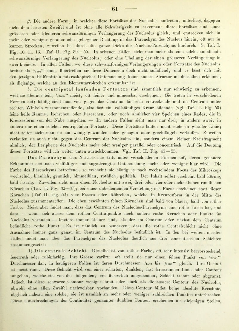 ß. Die andere Form, in welcher diese Fortsätze des Nucleolus auftreten, unterliegt dagegen nicht dem leisesten Zweifel und ist olme alle Schwierigkeit zu erkennen; diese Fortsätze sind einer grösseren oder kleineren schwanzförmigen Verlängerung des Nucleolus gleich, und erstrecken sich in mehr oder weniger gerader oder gebogener Richtung in das Parenchym des Nucleus hinein, oft nur in kurzen Strecken, zuweilen bis durch die ganze Dicke des Nucleus-Parenchyms hindurch. S. Taf. I. Fig. 10. 11. 13. Taf. II. Fig. 39 — 55. In seltenen Fällen sieht man mehr als eine solche auffallende schwanzförmige Verlängerung des Nucleolus, oder eine Theilung der einen grösseren Verlängerung ln zwei kleinere. In allen Fällen, wo diese schwanzförmigen Verlängerungen oder Fortsätze des Nucleolus breiter als Visoo^'^ sind, übertreffen sie diese Dimension doch nicht auffallend, und es lässt sich mit den jetzigen Hülfsmitteln mikroskopischer Untersuchung keine andere Structur an denselben erkennen, als diejenige, welche an den ElementaiTöhrchen erkennbar ist. h. Die centrlpetal laufenden Fortsätze sind sämmtllch nur schwierig zu erkennen, weil sie überans fein, ’ysouo^'' meist, oft feiner und unmessbar erscheinen. Sie treten in verschiedenen Formen auf; häufig sieht man vier gegen das Centrum hin sich erstreckende und im Centrum unter rechten Winkeln zusammentreffende, also fast ein vollständiges Kreuz bildende (vgl. Taf. II. Fig. 53) feine helle Räume, Röhrchen oder Fäserchen, oder noch ähnlicher vier Speichen eines Rades, die in Kreuzesform von der Nabe ausgehen. — In andeni Fällen sieht man nur drei, in andern zwei, in andeni nur einen solchen centripetalen Fortsatz. Diese Fortsätze laufen nicht stets ln gerader Linie; nicht selten sieht man sie ein wenig gewunden oder gebogen oder geschlängelt verlaufen. Zuweilen verlaufen sie auch nicht gegen das Centrum des Nucleolus hin, sondern einem kleinen Kreisfragment ähnlich, der Peripherie des Nucleolus mehr oder weniger parallel oder concentrisch. Auf die Deutung dieser Fortsätze will ich weiter unten zurückkommen. Vgl. Taf. II. Fig. 45 — 55. Das Parenchym des Nucleolus tritt unter verschiedenen Formen auf, deren genauere Erkenntnlss erst nach vielfältiger und angestrengter Untersuchung mehr oder weniger klar wird. Die Farbe des Parenchyms betreffend, so erscheint sie häufig je nach wechselndem Focus des Mikroskops wechselnd, bläulich, grünlich, himmelblau, röthlich, gelblich. Der Inhalt selbst erscheint bald körnig, bald faserig. Zuweilen sieht man einen Nucleolus mit zwei, drei oder vier oder mehr kleinen rundlichen Körnchen (Taf. II. Fig. 32—37); bei einer unbedeutenden Verstellung des Focus erscheinen statt dieser Körnchen (Taf. II. Fig. 52) vier Fasern oder Röhrchen, welche in Kreuzesforin in der Mitte des Nucleolus Zusammentreffen. Die eben erwähnten feinen Körnchen sind bald von blauer, bald von rother Farbe. Meist aber findet man, dass das Centrum des Nucleolus-Parenchyms eine rothe Farbe hat, und dass — Aveun sich ausser dem rothen Centralpunkte noch andere rothe Kernchen oder Punkte im Nucleolus vorfiuden — letztere immer kleiner sind, als der im Centrum oder nächst dem Centrum befindliche rothe Punkt. Es ist nämlich zu bemerken, dass die rothe Ceutralschicht nicht ohne Ausnahme immer ganz genau im Centrum des Nucleolus befindlich ist. In den bei weitem meisten Fällen findet man aber das Parenchym des Nucleolus deutlich aus drei concentrischen Schichten zusammengesetzt: 1) Die centrale Schicht. Dieselbe ist von rother Farbe, oft sehr intensiv hervorstechend, feuerroth oder rubinfarbig. Ihre Grösse varilrt; oft stellt sie nur einen feinen Punkt von Vsooo' Durchmesser dar, in häufigeren Fällen ist deren Durchmesser Visoo bis Viaoo' gleich. Ihre Gestalt ist meist rund. Diese Schicht wird von einer scharfen, dunklen, fast kreisrunden Linie oder Contour umgeben, welche sie von der folgenden, sie äusserlich umgebenden, Schicht trennt oder abgränzt. Jedoch ist diese schwarze Contour weniger breit oder stark als die äussere Contour des Nucleolus, obwohl ohne allen Zweifel nachweisbar vorhanden. Diese Contour bildet keine absolute Kreislinie, obgleich nahezu eine solche; sie ist nämlich an mehr oder weniger zahlreichen Punkten unterbrochen. Diese Unterbrechungen der Contlnuität genannter dunklen Contour erscheinen als diejenigen Stellen,