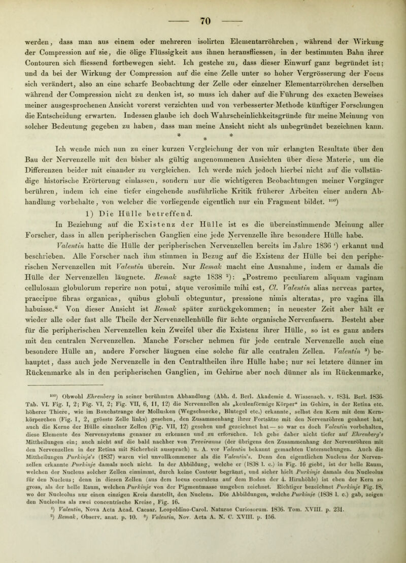 werden, dass man aus einem oder mehreren isolirten Elementarröhrchen, während der Wirkung der Compression auf sie, die ölige Flüssigkeit aus ihnen herausfliessen, in der bestimmten Bahn ihrer Contouren sich fliessend fortbewegen sieht. Ich gestehe zu, dass dieser Einwurf ganz begründet ist; und da bei der Wirkung der Compression auf die eine Zelle unter so hoher Vergrösserung der Focus sich verändert, also an eine scharfe Beobachtung der Zelle oder einzelner Elementarröhrchen derselben während der Compression nicht zu denken ist, so muss ich daher auf die Führung des exaeten Beweises meiner ausgesprochenen Ansicht vorerst verzichten und von verbesserter Methode künftiger Forschungen die Entscheidung erwarten. Indessen glaube ich doch Wahrschelnlichkeltsgrüude für meine Meinung von solcher Bedeutung gegeben zu haben, dass man meine Ansicht nicht als unbegründet bezeichnen kann. * * * Ich wende mich nun zu einer kurzen Vergleichung der von mir erlangten Resultate über den Bau der Nervenzelle mit den bisher als gültig angenommenen Ansichten über diese Materie, um die Differenzen beider mit einander zu vergleichen. Ich werde mich jedoch hierbei nicht auf die vollstän- dige historische Erörtei'ung einlassen, sondern nur die wichtigeren Beobachtungen meiner Vorgänger berühren, indem ich eine tiefer eingehende ausführliche Kritik früherer Ai'bclten einer andern Ab- handlung Vorbehalte, von welcher die vorliegende eigentlich nur ein Fragment bildet. 1) Die Hülle betreffend. In Beziehung auf die Existenz der Hülle ist es die übereinstimmende Meinung aller Forscher, dass in allen peripherischen Ganglien eine jede Nervenzelle ihre besondere Hülle habe. Valentin hatte die Hülle der peripherischen Nervenzellen bereits im Jahre 1836 ') erkannt und beschrieben. Alle Forscher nach ihm stimmen ln Bezug auf die Existenz der Hülle bei den periphe- rischen Nervenzellen mit Valentin überein. Nur Reniak macht eine Ausnahme, indem er damals die Hülle der Nervenzellen läugnete. Remah sagte 1838 ^): „Postremo peculiarem allquam vaglnam cellulosam globulorum reperlre non potul, atque veroslmlle mihi est, CI. Valentin alias nerveas partes, praecipue fibras organicas, quibus globull obteguntur, pressione nlinis alteratas, pro vagina illa habuisse.“ Von dieser Ansicht ist Remah später zurückgekommen; in neuester Zeit aber hält er wieder alle oder fast alle Theile der Nervenzellenhülle für ächte organische Nervenfasern. Besteht aber für die perlpherischeia Nervenzellen kein Zweifel über die Existenz ihrer Hülle, so ist es ganz anders mit den centralen Nervenzellen. Manche Forscher nehmen für jede centrale Nervenzelle auch eine besondere Hülle an, andere Forscher läugnen eine solche für alle centralen Zellen. Valentin *) be- hauptet, dass auch jede Nervenzelle ln den Centralthellen ihre Hülle habe; nur sei letztere dünner im Rückenmarke als ln den peripherischen Ganglien, im Gehlxme aber noch dünner als im Rückeumarke, Obwohl Ehrenherg in seiner berühmten Abhandlung (Abh. d. Berl. Akademie d. Wissonsch. v. I&34. Berl. 1836- Tab. VI. Fig. I, 2; Fig. VI, 2; Fig. VII, 6, 11, 12) die Nervenzellen als „keulenrOrmige Körper“ im Gehirn, in der Retina etc. höherer Thiere, wie im Bauchstrange der Mollusken (Wegschnecke, Blutegel etc.) erkannte, selbst den Kern mit dem Kern- körperchen (Fig. I, 2, grösste Zelle links) gesehen, den Zusammenhang ihrer FortsUtzc mit den Nervenröhren geahnet hat, auch die Kerne der Hülle einzelner Zellen (Fig. VII, 12) gesehen und gezeichnet hat — so war cs doch Valentin Vorbehalten, diese Elemente des Nervensystems genauer zu erkennen und zu erforschen. Ich gehe daher nicht tiefer auf Ehrenherg'« Mittheilungen ein; auch nicht auf die bald nachher von Treviranus (der übrigens den Zusammenhang der Nerveuröhren mit den Nervenzellen in der Retina mit Sicherheit aussprach) u. A. vor Valentin bekannt gemachten Untersuchungen. Auch die Mittheilungen Turkinje's (1837) waren viel unvollkommener als die Valentin'«. Denn den eigentlichen Nuclcus der Nerven- zellen erkannte Purkinje damals noch nicht. In der Abbildung, welche er (1838 1. c.) in Fig. 16 giebt, ist der helle Raum, welchen der Nucleus solcher Zellen cinnimmt, durch keine Contour begränzt, und sicher hielt Purkinje damals den Nucleolus für den Nucleus; denn in diesen Zellen (aus dem locus coeruleus auf dem Boden der 4. Ilirnhöhlc) ist eben der Kern so gross, als der helle Kaum, welchen Purkinje von der Pigmentmasse umgehen zeichnet. Richtiger bezeichnet Purkinje Fig. 18, wo der Nucleolus nur einen einzigen Kreis darstellt, den Nucleus. Die Abbildungen, welche Purkinje (1838 1. C.) gab, zeigen den Nucleolus als zwei concentrische Kreise, Fig. 16. ') Valentin, Nova Acta Acad. Caesar. Leopoldino-Carol. Naturae Curiosorum. 1836. Tom. XVIII. p. 231. *) Itemak, Observ. anat. p. 10. *) Valentin, Nov. Acta \. N. C. XVIII. p. 156.