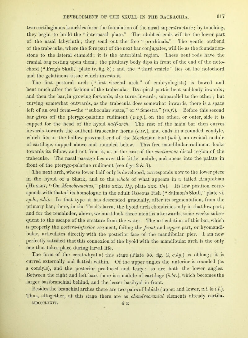 two cartilaginous knuckles form the foundation of the nasal superstructure; by touching, they begin to build the “ internasal plate.” The clubbed ends will be the lower part of the nasal labyrinth ; they send out the free “ prorhinals.” The gentle outbend of the trabeculse, where the fore part of the next bar conjugates, will lie as the foundation- stone to the lateral ethmoid; it is the antorbital region. These bent rods have the cranial bag resting upon them; the pituitary body dips in front of the end of the noto- chord (“Frog’s Skull,” plate iv. tig. 8); and the “third vesicle” lies on the notochord and the gelatinous tissue which invests it. The first postoral arch (“ first visceral arch ” of embryologists) is bowed and bent much after the fashion of the trabecula. Its apical partis bent suddenly inwards; and then the bar, in growing forwards, also turns inwards, subparallel to the other ; but curving somewhat outwards, as the trabecula does somewhat inwards, there is a space left of an oval form—the “ subocular space,” or “ fenestra ” (so/.). Before this second bar gives off the pterygo-palatine rudiment (ppg-), on the other, or outer, side it is cupped for the head of the hyoid half-arch. The rest of the main bar then curves inwards towards the outbent trabecular horns (c.tr.), and ends in a rounded condyle, which fits in the hollow proximal end of the Meckelian bud (mk.), an ovoidal nodule of cartilage, cupped above and rounded below. This free mandibular rudiment looks towards its fellow, and not from it, as in the case of the continuous distal region of the trabeculae. The nasal passage lies over this little nodule, and opens into the palate in front of the pterygo-palatine rudiment (see figs. 2 & 3). The next arch, whose lower half only is developed, corresponds now to the lower piece in the hyoid of a Shark, and to the ivholc of what appears in a tailed Amphibian (Huxley, “ On Menohranchus,” plate xxix. Hy, plate xxx. Ch). Its low position corre- sponds with that of its homologue in the adult Osseous Fish (“ Salmon’s Skull,” plate vi. ep.h., c.h.). In that type it has descended gradually, after its segmentation, from the primary bar; here, in the Toad’s larva, the hyoid arch chondrifies only in that low part; and for the remainder, above, we must look three months afterwards, some weeks subse- quent to the escape of the creature from the water. The articulation of this bar, which is properly the postero-inferior segment, failing the front and upper part, or hyomandi- bular, articulates directly with the posterior face of the mandibular pier. I am now perfectly satisfied that this connexion of the hyoid with the mandibular arch is the only one that takes place during larval life. The form of the cerato-hyal at this stage (Plate 55. fig. 2, c.hy.) is oblong; it is curved externally and flattish within. Of the upper angles the anterior is rounded (as a condyle), and the posterior produced and leafy ; so are both the lower angles. Between the right and left bars there is a nodule of cartilage (ib.hr.), which becomes the larger basibranchial behind, and the lesser basihyal in front. Besides the branchial arches there are two pairs of labials (upper and lower, u.l. Sc LI.). Thus, altogether, at this stage there are as chondrocranial elements already cartila- MDCCCLXXVI. 4 E
