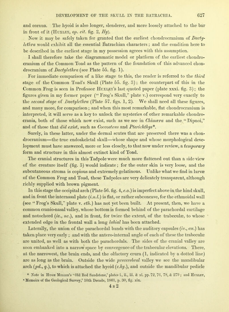 and cornua. The hyoid is also longer, slenderer, and more loosely attached to the bar in front of it (Huxley, op. cit. fig. 2, Hy). Now it may be safely taken for granted that the earliest chondrocranium of Dacty- lethro would exhibit all the essential Batrachian characters; and the condition here to be described in the earliest stage in my possession agrees with this assumption. I shall therefore take the diagrammatic model or platform of the earliest chondro- cranium of the Common Toad as the pattern of the foundation of this advanced chon- drocranium of Dactylethra (see Plate 55. fig. 1). Por immediate comparison of a like Stage to this, the reader is referred to the third stage of the Common Toad’s Skull (Plate 55. fig. 3); the counterpart of this in the Common Frog is seen in Professor Huxley’s last quoted paper (plate xxxi. fig. 3); the figures given in my former paper (“ Frog’s Skull,” plate v.) correspond very exactly to the second stage of Dactylethra (Plate 57. figs. 1, 2). We shall need all these figures, and many more, for comparison; and when this most remarkable, flat chondrocranium is interpreted, it will serve as a key to unlock the mysteries of other remarkable chondro- crania, both of those which now exist, such as we see in Chimcera and the “ Dipnoi,” and of those that did exist, such as Coccosteus and Pterichthys*. Surely, in these latter, under the dermal scutes that are preserved there was a chon- drocranium—the true endoskeletal skull—whose shape and whose morphological deve- lopment must have answered, more or less closely, to that now under review, a temporary form and structure in this almost extinct kind of Toad. The cranial structures in this Tadpole were much more flattened out than a side view of the creature itself (fig. 3) would indicate; for the outer skin is very loose, and the subcutaneous stroma is copious and extremely gelatinous. Unlike what we find in larvae of the Common Frog and Toad, these Tadpoles are very delicately transparent, although richly supplied with brown pigment. In this stage the occipital arch (Plate 56. fig. 4, e.o.) is imperfect above in the hind skull, and in front the internasal plate (i.n.l.) is flat, or rather subconcave, for the ethmoidal wall (see “ Frog’s Skull,” plate v. eth.) has not yet been built. At present, then, we have a common cranio-nasal valley, whose bottom is formed behind of the parachordal cartilage and notochord (iv., nc.), and in front, for twice the extent, of the trabeculae, to whose extended edge in the frontal wall a long labial has been attached. Laterally, the union of the parachordal bands with the auditory capsules (iv., au.) has taken place very early ; and with the antero-internal angle of each of these the trabeculae are united, as well as with both the parachordals. The sides of the cranial valley are soon embanked into a narrow space by convergence of the trabecular elevations. There, at the narrowest, the brain ends, and the olfactory crura (1, indicated by a dotted line) are as long as the brain. Outside the wide precerebral valley we see the mandibular arch (pd., q.), to which is attached the hyoid (c.hy.), and outside the mandibular pedicle * Note in Hugh Miller’s ‘ Old Ked Sandstone,’ plates i., ii., iii. & si. pp. 72, 76, 78, & 279 ; and Huxley, ‘ Memoirs of the Geological Survey,’ 10th Decade, 1861, p. 30, fig. six. 4 s 2