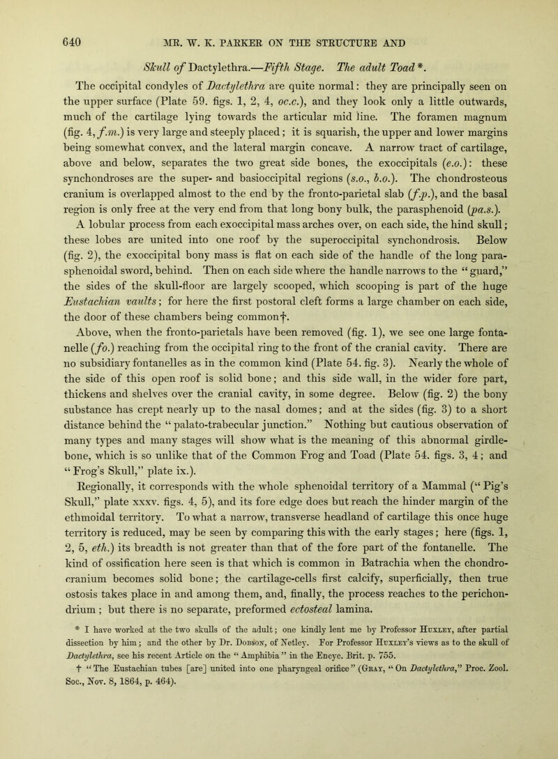Skull of Dactylethra.—Fifth Stage. The adult Toad*. The occipital condyles of Dactylethra are quite normal: they are principally seen on the upper surface (Plate 59. figs. 1, 2, 4, oc.c.), and they look only a little outwards, much of the cartilage lying towards the articular mid Jine. The foramen magnum (fig. 4if.m.) is very large and steeply placed; it is squarish, the upper and lower margins being somewhat convex, and the lateral margin concave. A narrow tract of cartilage, above and below, separates the two great side bones, the exoccipitals (e.o.): these synchondroses are the super- and basioccipital regions (s.o., b.o.). The chondrosteous cranium is overlapped almost to the end by the fronto-parietal slab (ftp.), and the basal region is only free at the very end from that long bony bulk, the parasphenoid (pa.s.). A lobular process from each exoccipital mass arches over, on each side, the hind skull; these lobes are united into one roof by the superoccipital synchondrosis. Below (fig. 2), the exoccipital bony mass is flat on each side of the handle of the long para- sphenoidal sword, behind. Then on each side where the handle narrows to the “ guard,” the sides of the skull-floor are largely scooped, which scooping is part of the huge Eustachian vaults; for here the first postoral cleft forms a large chamber on each side, the door of these chambers being commonf. Above, when the fronto-parietals have been removed (fig. 1), we see one large fonta- nelle (fo.) reaching from the occipital ring to the front of the cranial cavity. There are no subsidiary fontanelles as in the common kind (Plate 54. fig. 3). Nearly the whole of the side of this open roof is solid bone; and this side wall, in the wider fore part, thickens and shelves over the cranial cavity, in some degree. Below (fig. 2) the bony substance has crept nearly up to the nasal domes; and at the sides (fig. 3) to a short distance behind the “ palato-trabecular junction.” Nothing but cautious observation of many types and many stages will show what is the meaning of this abnormal girdle- bone, which is so unlike that of the Common Frog and Toad (Plate 54. figs. 3, 4; and “ Frog’s Skull,” plate ix.). Regionally, it corresponds with the w’hole sphenoidal territory of a Mammal (“ Pig’s Skull,” plate xxxv. figs. 4, 5), and its fore edge does but reach the hinder margin of the ethmoidal territory. To what a narrow, transverse headland of cartilage this once huge territory is reduced, may be seen by comparing this with the early stages; here (figs. 1, 2, 5, eth.) its breadth is not greater than that of the fore part of the fontanelle. The kind of ossification here seen is that which is common in Batrachia when the chondro- cranium becomes solid bone; the cartilage-cells first calcify, superficially, then true ostosis takes place in and among them, and, finally, the process reaches to the perichon- drium ; but there is no separate, preformed ectosteal lamina. * I have worked at the two skulls of the adult; one kindly lent me by Professor Huxley, after partial dissection by him; and the other by Dr. Dobson, of Netley. Eor Professor Huxley’s views as to the skull of Dactylethra, see his recent Article on the “Amphibia” in the Encyc. Brit. p. 755. t “The Eustachian tubes [are] united into one pharyngeal orifice” (Gray, “On DactylethraProc. Zool. Soc., Nov. 8, 1864, p. 464).