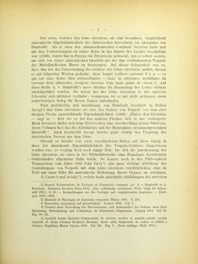 Der erste, ^'elclier den lobns electricns als eine besondere, vergdeicbend anatomische Eigehtlmmliclikeit des Zitterrochen hervorhebt, ist Alexander von Himiboldt. Als er eben den südamerikanischen Continent betreten hatte und mit den Vorbereitungen zu seiner Eeise in das Innere des Landes beschäftigt war (1799), wurde ihm in Parana ein Zitterroche gebracht, den er sofort secirte, um sich von seiner anatomischen Identität mit der ihm wohlbekannten Torpedo der Mittelländischen Meere 'zn überzeugen. Bei dieser G-elegenheit war es, dass ihm hei der Untersnchnng des Gehirns der lobns electricns anffiel, dessen er mit folgenden Worten gedenkt: dans lequel (scilicet cervean) il y a — ce qni est sans donte bien extraordinaire — dans la snbstance mednllaire du cervean denx tnbercules (corpora clavata) d’nn bean janne de citron. Auf diese Stelle A. v. Humboldt’s muss otfenbar die Benennung des Lobns citrinns znrückgeführt werden, die neben der des lobns electricns in der späteren Literatur sich mitunter vorfindet; wenigstens ist es mir nicht gelungen, einen anderweitigen Beleg für diesen Xauien anfzufiudeu. Fast gleichzeitig und nnahhängig von Humboldt beschrieb in Italien Jacopi^) den lobns electricns als eine das Gehirn von Torpedo vor dem aller übrigen Fische anszeichnende Eigenthümlichkeit (1809): „Hinter dem Kleinhirn — sagt er — dort wo es bei den anderen Fischen sich in das verlängerte Mark fortsetzt, findet sich beim Zitterrochen eine Anschwellung grauer Substanz, deren Volumen fast das des Kleinhirnes und der Hemisphäre znsammeugenonunen übertrifft.“ Auch beschreibt Jacopi bereits ganz richtig den Ursprung der electrischen Nerven ans dem lobns. Obwohl so bereits von zwei verschiedenen Seiten auf diese einzig in ihrer Art dastehende Eigenthümlichkeit des Torpedo-Gehirnes hingewiesen worden war, so verging doch noch einige Zeit, bis sich die Anerkeiiimng des lobns electricns als eines in der Wirbelthierreihe ohne Homologie dastehenden . Gehirntheiles allgemeine Bahn brach. So konnte noch in den Philosophical Transactions vom Jahre 1832 John Davy^) eine ganz richtige Abbildung des Centralorgans von Torpedo mit dem lobns electricns veröffentlichen, ohne im Text mit einer Silbe die anatomische Bedeutung dieses Organs zn erwähnen. G. Carus^) und Arsaky^), welche beide gleichfalls Abbildungen des nervösen 1) Eecueil d’observations de Zoologie et d’Anatomie comparee par A. v. Humboldt et A. Bonpland. Deuxieme livraison Paris 1804. (Das vollständig erschienene Werk trägt die Jabres- zabl 1811.) S. 53. — Beobachtungen aus der Zoologie und vergleichenden Anatomie. — Stutt- gart 1807—1809. 2) Element! di Fisiologia ed Anatomia comparata Milano 1809. S. 2:34. 3) Kesearches, anatomical and physiological. London 1839. Vol. I. 4) Versuch einer Darstellung des Nervensystems und insbesondere des Gehirns nach ihrer Bedeutung, Entwickelung und Vollendung im thierischen Organismus. Leipzig 1814. Taf. II. Fig. 25—27. 5) Apostoli Arsaky Epirotae Commentatio de piscium cevebro et medulla spinali, scripta auspiciis et ductu Johannis Erederici Meckelii, denuo edita fragraentis de eadem re additis a
