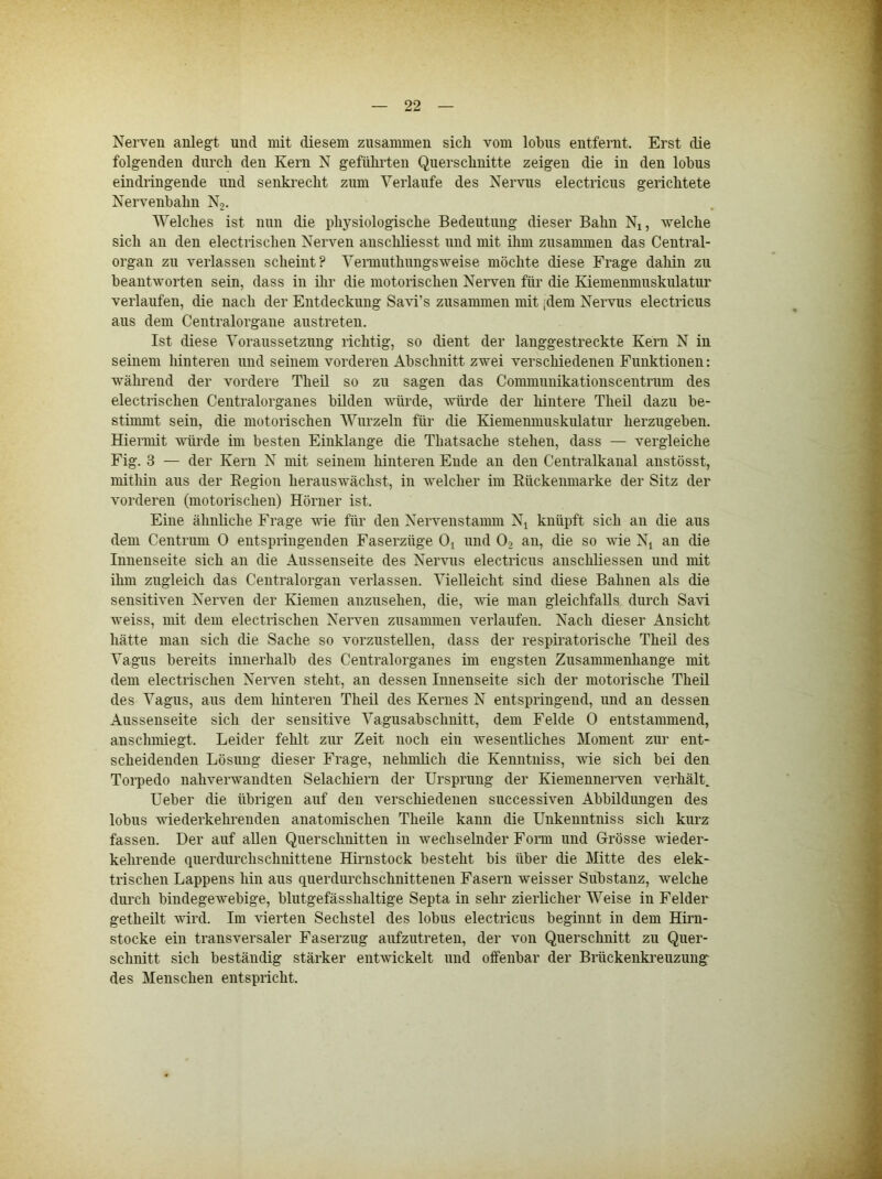 Nerven anlegt und init diesem zusammen sich vom lobus entfernt. Erst die folgenden durch den Kern N gefühlten Querschnitte zeigen die in den lobus eindringeude und senkrecht zum Verlaufe des Nervus electricus gerichtete Nervenbahn N^. Welches ist nun die physiologische Bedeutung dieser Bahn Ni, welche sich an den electrischeu Nerven anschliesst und mit ihm zusammen das Central- organ zu verlassen scheint? Vermuthungsweise möchte diese Frage dahin zu beantworten sein, dass in ihr die motorischen Nerven für die Kiemenmuskulatur verlaufen, die nach der Entdeckung Sa\d’s zusaimnen mit [dem Nervus electricus aus dem Centralorgane austreten. Ist diese Voraussetzung richtig, so dient der langgestreckte Kern N in seinem hinteren und seinem vorderen Abschnitt zwei verschiedenen Funktionen: während der vordere Theil so zu sagen das Coimnnnikationscentrum des electrischeu Centralorganes bilden würde, würde der hintere Theil dazu be- stimmt sein, die motorischen Wurzeln für die Kiemenmuskulatur herzugeben. Hiermit würde im besten Einklänge die Thatsache stehen, dass — vergleiche Fig. 3 — der Kern N mit seinem hinteren Ende an den Centralkanal anstösst, mithin aus der Eegiou herauswächst, in welcher im Rückenmarke der Sitz der vorderen (motorischen) Hörner ist. Eine ähnliche Frage wie für den Nerven stamm N^ knüpft sieb an die aus dem Centruui 0 entspringenden Faserzüge 0^ und O2 an, die so wie Nj an die Innenseite sich an die Aussenseite des Nervus electricus anschliessen und mit ihm zugleich das Centralorgan verlassen. Vielleicht sind diese Bahnen als die sensitiven Nerven der Kiemen anzusehen, die, wie man gleichfalls durch Savi weiss, mit dem electrischeu Nerven zusammen verlaufen. Nach dieser Ansicht hätte man sich die Sache so vorzusteUen, dass der respiratorische Theil des Vagus bereits innerhalb des Centralorganes im engsten Zusammenhänge mit dem electrischeu Nerven steht, an dessen Innenseite sich der motorische Theil des Vagus, aus dem hinteren Theil des Kernes N entspringend, und an dessen Aussenseite sich der sensitive Vagusabschnitt, dem Felde 0 entstammend, anschmiegt. Leider fehlt zur Zeit noch ein wesentliches Moment zur ent- scheidenden Lösung dieser Frage, nehmlich die Kenntuiss, wie sich bei den Torpedo nahverwandten Selachieru der Ursprung der Kiemenneiwen verhälL Ueber die übrigen auf den verschiedenen successiven Abbildungen des lobns wiederkehrenden anatomischen Theile kann die Unkenntniss sich kurz fassen. Der auf aUen Querschnitten in wechselnder Form und Grösse wieder- kehrende querdurchschnitteue Hirnstock besteht bis über die Mitte des elek- trischen Lappens hin aus querdurchschnitteneu Fasern weisser Substanz, welche durch bindegewebige, blutgefässhaltige Septa in sehr zierlicher Weise in Felder getheilt wird. Im äderten Sechstel des lobus electricus beginnt in dem Hirn- stocke ein transversaler Faserzug aufzutreten, der von Querschnitt zu Quer- schnitt sich beständig stärker entwickelt und offenbar der Brückenkreuzuug des Menschen entspricht.