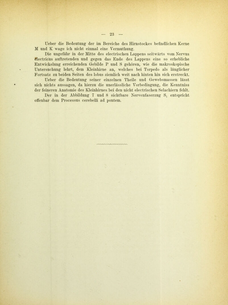 Ueber die Bedeutung der im Bereiche des Hirnstockes befindlichen Kerne M und K wage ich nicht eimnal eine Yermuthung. Die ungefähr in der Mitte des electrischen Lappens seitwärts vom Nervus ölectricus auftretenden und gegen das Ende des Lappens eine so erhebliche Entwickelung erreichenden Glebilde P und S gehören, wie die maki’oskopische Untersuchung lehrt, dem Kleinhirne an, welches bei Torpedo als länglicher Fortsatz zu beiden Seiten des lobus ziemlich weit nach hinten hin sich erstreckt. Ueber die Bedeutung seiner einzelnen Theile und Gewebsmassen lässt sich nichts aussagen, da hierzu die unerlässliche Vorbedingung, die Kenntniss der feineren Anatomie des Kleinhirnes bei den nicht electrischen Selachiern fehlt. Der in der Abbildung 7 und 8 sichtbare Nervenfaserzug entspricht olfenbar dem Processus cerebelli ad pontem.
