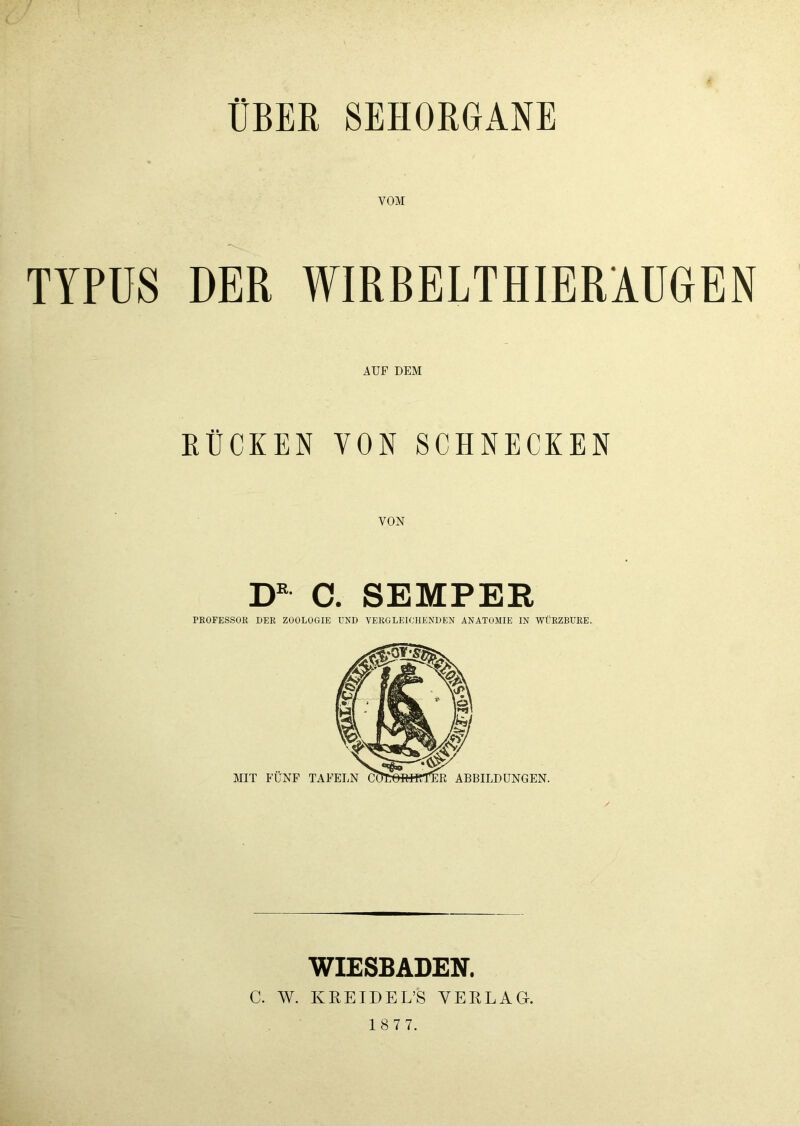 ÜBER SEHORGANE TYPUS DER WIRBELTHIERÄUGEN AUF DEM RÜCKEN YON SCHNECKEN DE C. SEMPER PROFESSOR DER ZOOLOGIE UND VERGLEICHENDEN ANATOMIE IN WÜRZBURE. WIESBADEN. C. W. KREIDEL’S VERLAG.