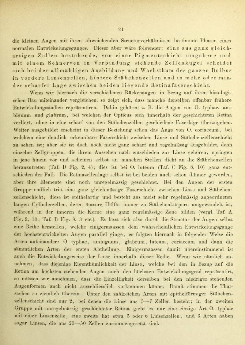 die kleinen Angen mit ihren abweichenden Structurverhältnissen bestimmte Phasen eines normalen Entwickelungsganges. Dieser aber wäre folgender: eine aus ganz gleich- artigen Zellen bestehende, von einer Pigmentschicht umgebene und mit einem Sehnerven in Verbindung stehende Zellenkugel scheidet sich bei der all m ähliff en Ausbildung' und Wachsthum des ganzen Bulbus in vordere Linsenzellen, hintere Stäbchenzellen und in mehr oder min- der scharfer Lage ZAvischen beiden liegende Betinafaserschicht. Wenn wir hiernach die verschiedenen Rückenaugen in Bezug auf ihren histologi- schen Bau miteinander vergleichen, so zeigt sich, dass manche derselben offenbar frühere Entwickelungsstadien repräsentiren. Dahin gehören z. B. die Augen von 0. typhae, am- biguum und glabrum, bei welchen der Opticus sich innerhalb der geschichteten Retina verliert, ohne in eine scharf von den Stäbchenzellen geschiedene Faserlage iiberzugehen. Weiter ausgebildet erscheint in dieser Beziehung schon das Auge von 0. coriaceum, bei welchem eine deutlich erkennbare Faserschicht zwischen Linse und Stäbchenzellenschicht zu sehen ist; aber sie ist doch noch nicht ganz scharf und regelmässig ausgebildet, denn einzelne Zellgruppen, die ihrem Aussehen nach entschieden zur Linse gehören, springen in jene hinein vor und scheinen selbst an manchen Stellen dicht an die Stäbchenzellen heranzutreten (Taf. D Fig. 2, 4): dies ist bei 0. luteum (Taf. C Fig. 8, 10) ganz ent- schieden der Fall. Die Retinazellenlage selbst ist bei beiden auch schon dünner geworden, aber ihre Elemente sind noch unregelmässig- geschichtet. Bei den Augen der ersten Gruppe endlich tritt eine ganz gleichmässige Faserschicht zwischen Linse und Stäbchen- zellenschicht, diese ist epithelartig und besteht aus meist sehr regelmässig angeordneten langen Cylinderzellen. deren äussere. Hälfte immer zu Stäbchenkörpern umgewandelt ist, während in der inneren die Kerne eine ganz regelmässige Zone bilden (vergl. Taf. A Fig. 9, 10: Taf. B Fig. 8, 3 etc.). Es lässt sich also durch die Structur der Augen selbst eine Reihe hersteilen, welche einigermaassen dem wahrscheinlichen Entwickelungsgange der höchstentwickelten Augen parallel ginge; es folgten hiernach in folgender Weise die Arten aufeinander: 0. typhae, ambiguum, glabrum, luteum, coriaceum und dann die sämmtliclien Arten der ersten Abtheilung. Einigermaassen damit übereinstimmend ist auch die Entwickelungsweise der Linse innerhalb dieser Reihe. Wenn wir nämlich an- nehmen , dass diejenige Eigentümlichkeit der Linse, welche bei den in Bezug auf die Retina am höchsten stehenden Augen auch den höchsten Entwickelungsgrad repräsentirt, so müssen wir annehmen, dass die Einzelligkeit derselben bei den niedriger stehenden Augenformen auch nicht ausschliesslich Vorkommen könne. Damit stimmen die That- sachen so ziemlich überein. Unter den zahlreichen Arten mit epithelförmiger Stäbchen- zellenseliicht sind nur 2, bei denen die Linse aus 5—7 Zellen besteht; in der zweiten Gruppe mit unregelmässig geschichteter Retina giebt es nur eine einzige Art 0. typhae mit einer Linsenzclle, eine zweite hat etwa 5 oder 6 Linsenzellen, und 3 Arten haben sogar Linsen, die aus 25—30 Zellen zusammengesetzt sind.