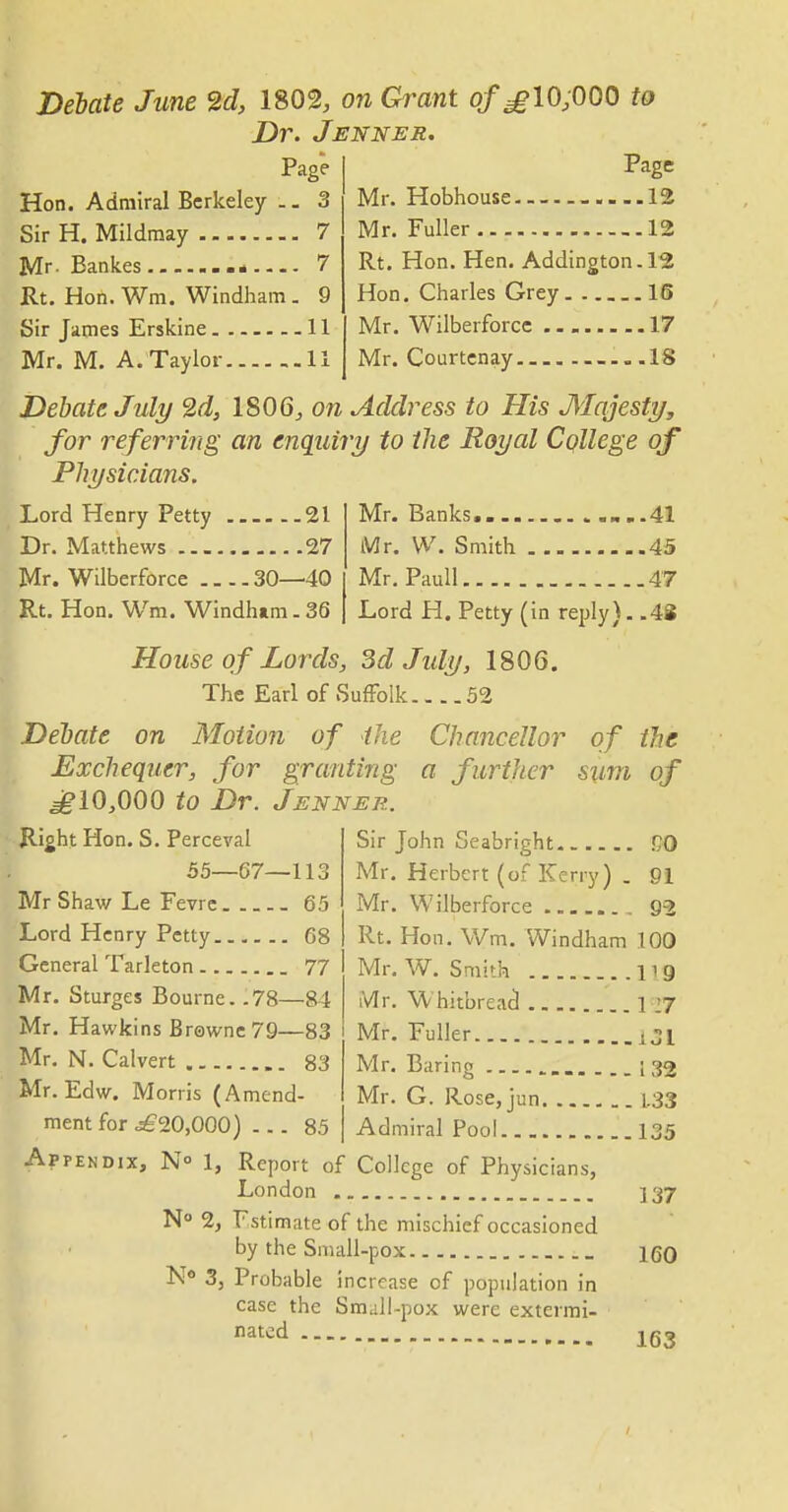 Debate June 2d, 1802, on Grant of £lO;000 to Dr. Jenner. Page Hon. Admiral Berkeley .. 3 Sir H. Mildmay 7 Mr- Bankes 7 Rt. Hon. Wm. Windham. 9 Sir James Erskine 11 Mr. M. A.Taylor 11 Page Mr. Hobhouse 12 Mr. Fuller 12 Rt. Hon. Hen. Addington.l2 Hon. Charles Grey 16 Mr. Wilberforcc 17 Mr. Courtenay 18 Debate July 2d, 1806, Address to His Majesty, for referring an enquiry to the Royal College of ^ Physicians. Lord Henry Petty 21 Dr. Matthews 27 Mr. Wilberforce 30—40 Rt. Hon. Wm. Windham. 36 Mr. Banks 41 Mr. W. Smith 43 Mr. Paull 47 Lord H. Petty (in reply). .48 House of Lords, 3d Jidy, 1806. The Earl of SufFolk 52 Debate on Motion of ihe Chancellor of the p Exchequer, for granting a further sum of ^10,000 to Dr. Jenner. Right Hon. S. Perceval 55—67—113 Mr Shaw Le Fevrc 65 Lord Henry Petty 68 General Tarleton 77 Mr. Sturges Bourne. .78—84 Mr. Hawkins Browne 79—83 Mr. N. Calvert 83 Mr. Edw. Morris (Amend- ment for <€20,000) ... 85 Sir John Seabright- CO Mr. Herbert (of Kerry) . 91 Mr. Wilberforce 92 Rt. Hon. W^m. Windham 100 Mr. W. Smith n g iVIr. Whitbread 1 17 Mr. Fuller i^n Mr. Baring ... 1 32 Mr. G. RosCjjun 1.33 Admiral Pool 135 APPENDIX, No 1, Report of College of Physicians, London ]37 No 2, Fstimate of the mischief occasioned by the Small-pox _ iqq N« 3j Probable increase of population in case the Small-pox were extermi- nated 163