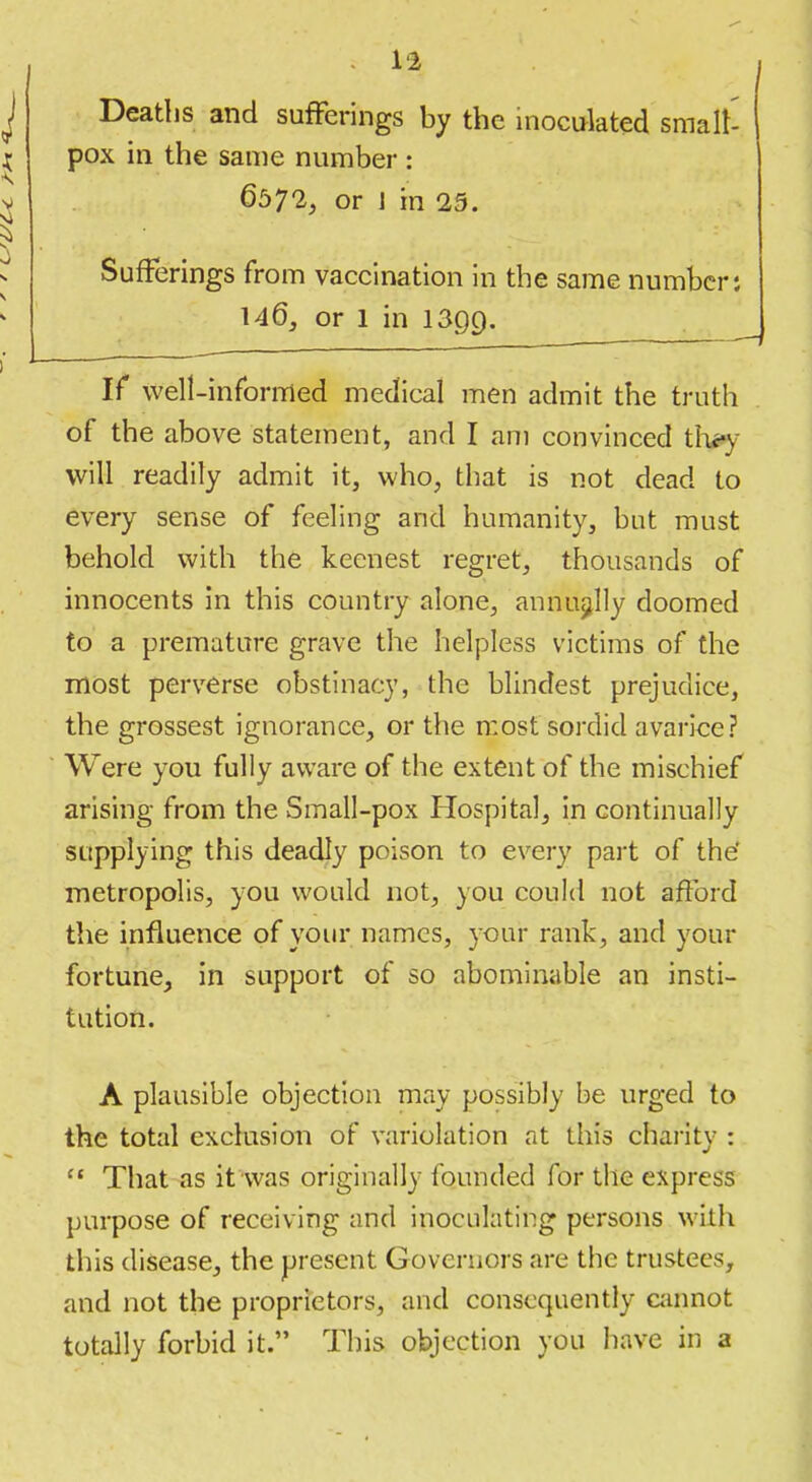 Deaths and sufferings by the inoculated smalt- pox in the same number : 6572, or 1 in 25. Sufferings from vaccination in the same number j 146^ or 1 in 13Qg. If well-informed medical men admit the truth of the above statement, and I am convinced t\wy will readily admit it, who, that is not dead to every sense of feeling and humanity, but must behold with the keenest regret, thousands of innocents in this country alone, annually doomed to a premature grave the helpless victims of the most perverse obstinacy, the blindest prejudice, the grossest ignorance, or the most sordid avarice? Were you fully aware of the extent of the mischief arising from the Small-pox Hospital, in continually supplying this deadly poison to every part of the* metropolis, you would not, you could not afford the influence of your names, your rank, and your fortune, in support of so abominable an insti- tution. A plausible objection may possibly be urged to the total exclusion of variolation at this chaiity :  That as it was originally founded for the express purpose of receiving and inoculating persons with this disease, the present Governors are the trustees, and not the proprietors, and consequently ciinnot totally forbid it. This objection you have in a