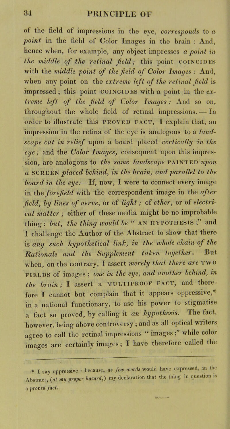 of the field of impressions in the eye, corresponds to a point, in the field of Color Images in the brain : And, hence when, for example, any object impresses a point in the middle of the retinal field; this point coincides with the middle ■point of the field of Color Images : And, when any point on the extreme left of the retinal field is impressed; this point coincides with a point in the ea:- treme left of the field of Color Images: And so on, throughout the whole field of retinal impressions. — In order to illustrate this proved fact, I explain that, an impression in the retina of the eye is analogous to a land- scape cut in relief upon a board placed vertically in the eye; and the Color Images, consequent upon this impres- sion, are analogous to the same landscape painted upon a screen placed hehind, in the hrain, and parallel to the hoard in the eye.—If, now, I were to connect every image in the forefield with the correspondent image in the after field, hy lines of nerve, or of light; of ether, or of electri- cal matter ; either of these media might be no improbable thing: hut, the thing ivould he  AN HYPOTHESIS ; and I challenge the Author of the Abstract to show that there is any such hypothetical link, in the whole chain of the Rationale and the Supplement taken together. But when, on the contrary, I assert merely that there are two FIELDS of images ; one in the eye, and another hehind, in the hrain; I assert a MULTIPROOF FACT, and there- fore I cannot but complain that it appears oppressive,* in a national functionary, to use his power to stigmatise a fact so proved, by calling it an hypothesis. The fact, however, being above controversy ; and as all optical writers agree to call the retinal impressions  images while color images are certainly images; I have therefore called the ♦ I say oppressive : because, as few words would have expressed, in tin Abstract, (at my proper hazard,) my declaration that the thing in question ii a proved fact. u.,