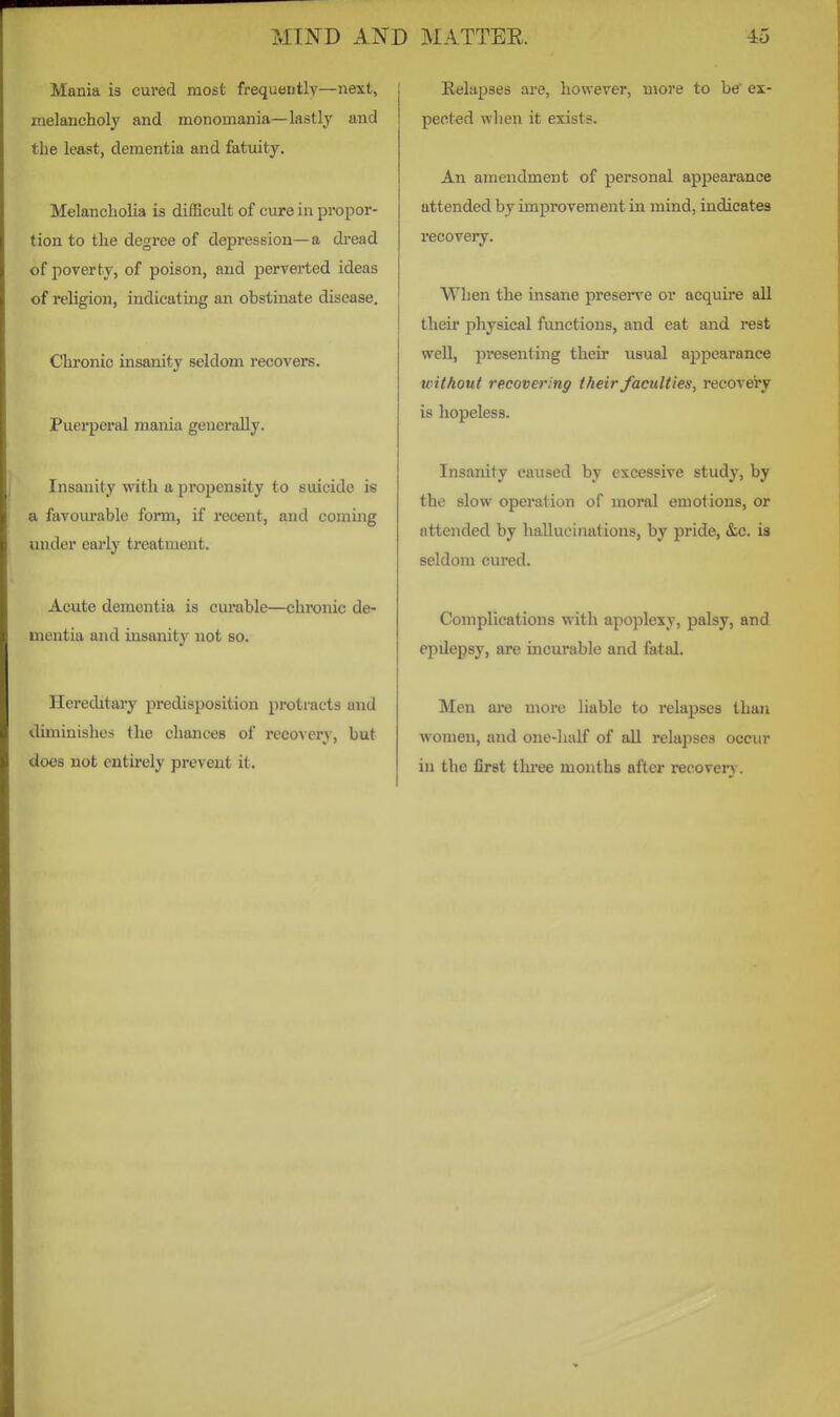Mania is cured most frequently—next, melancholy and monomania—lastly and the least, dementia and fatuity. Melancholia is difficult of cure in propor- tion to the degree of depression—a di-ead of poverty, of poison, and perverted ideas of religion, indicating an obstinate disease. Chronic insanity seldom recovers. Puerperal mania generally. Insanity with a propensity to suicide is a favourable form, if recent, and coming under eaz'ly treatment. Acute dementia is curable—chronic de- mentia and insanity not so. Hereditary predisposition protracts and diminishes the chances of recovery, but does not entirely prevent it. Relapses are, however, more to be' ex- pected when it exists. An amendment of personal appearance attended by improvement in mind, indicates recovery. When the insane preserve or acquire all their physical functions, and eat and rest well, presenting their usual appearance without recovering their faculties, recovery is hopeless. Insanity caused by excessive study, by the slow operation of moral emotions, or attended by hallucinations, by pride, &c. is seldom cured. Complications with apoplexy, palsy, and epilepsy, are mcurable and fatal. Men are more liable to relapses than women, and one-half of all relapses occur in the first three months after recovery.